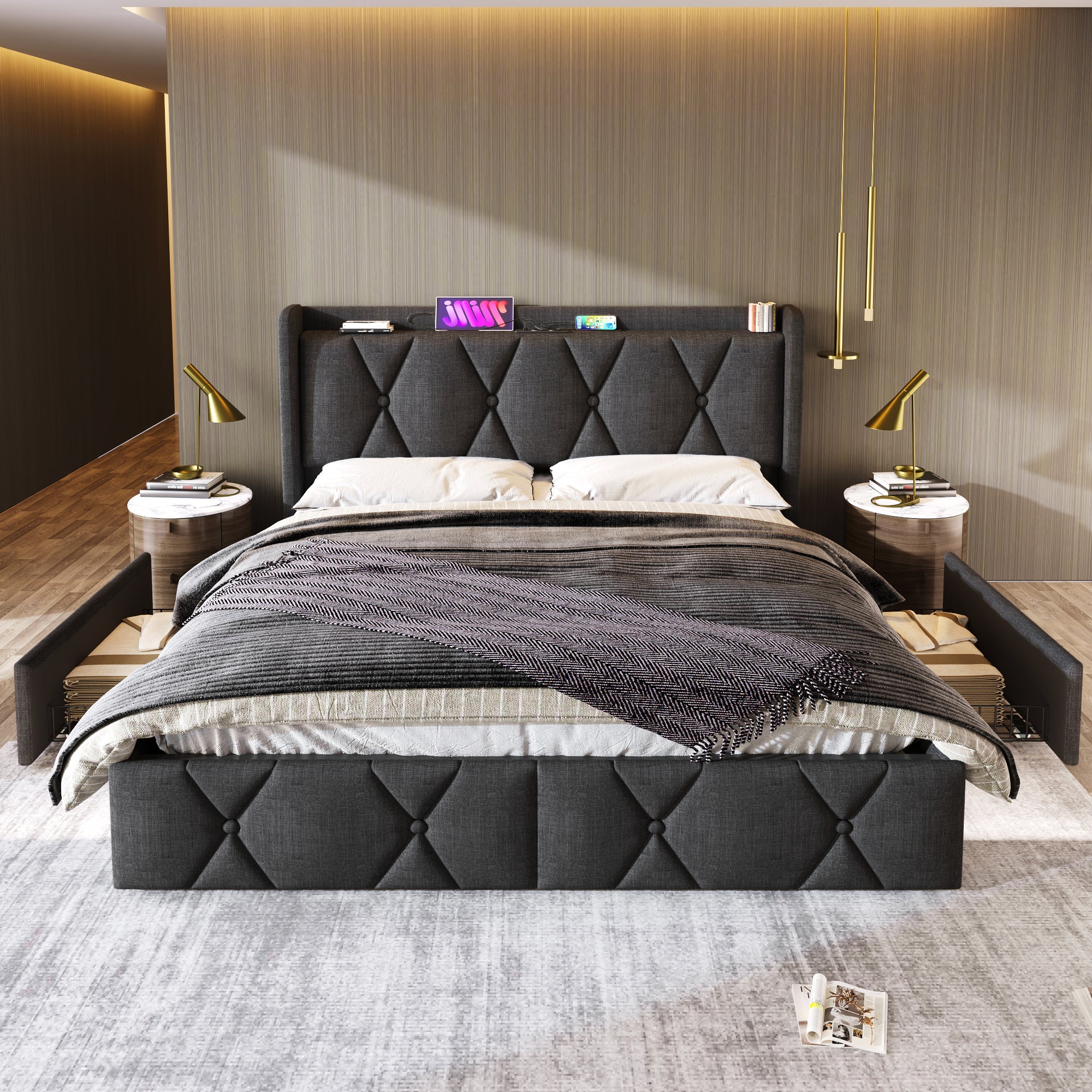 Logidon gestoffeerd bed 160x200 grijs met USB oplaadfunctie en 4 lades