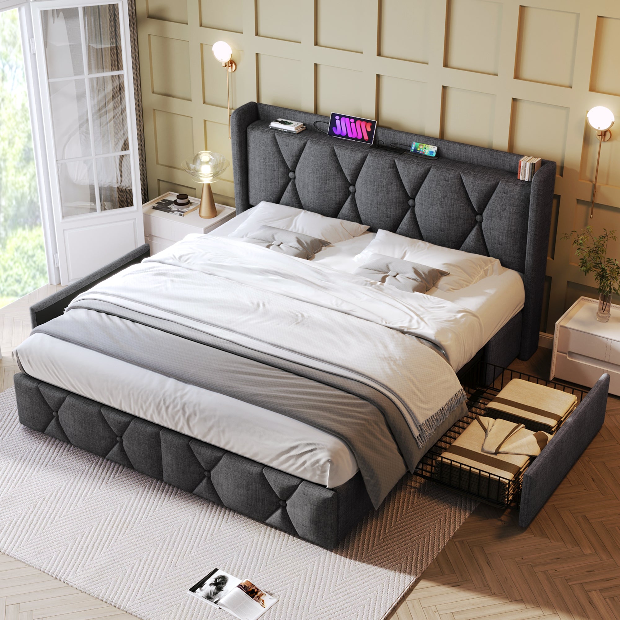 Logidon gestoffeerd bed 140x200 grijs met USB oplaadfunctie en 4 lades