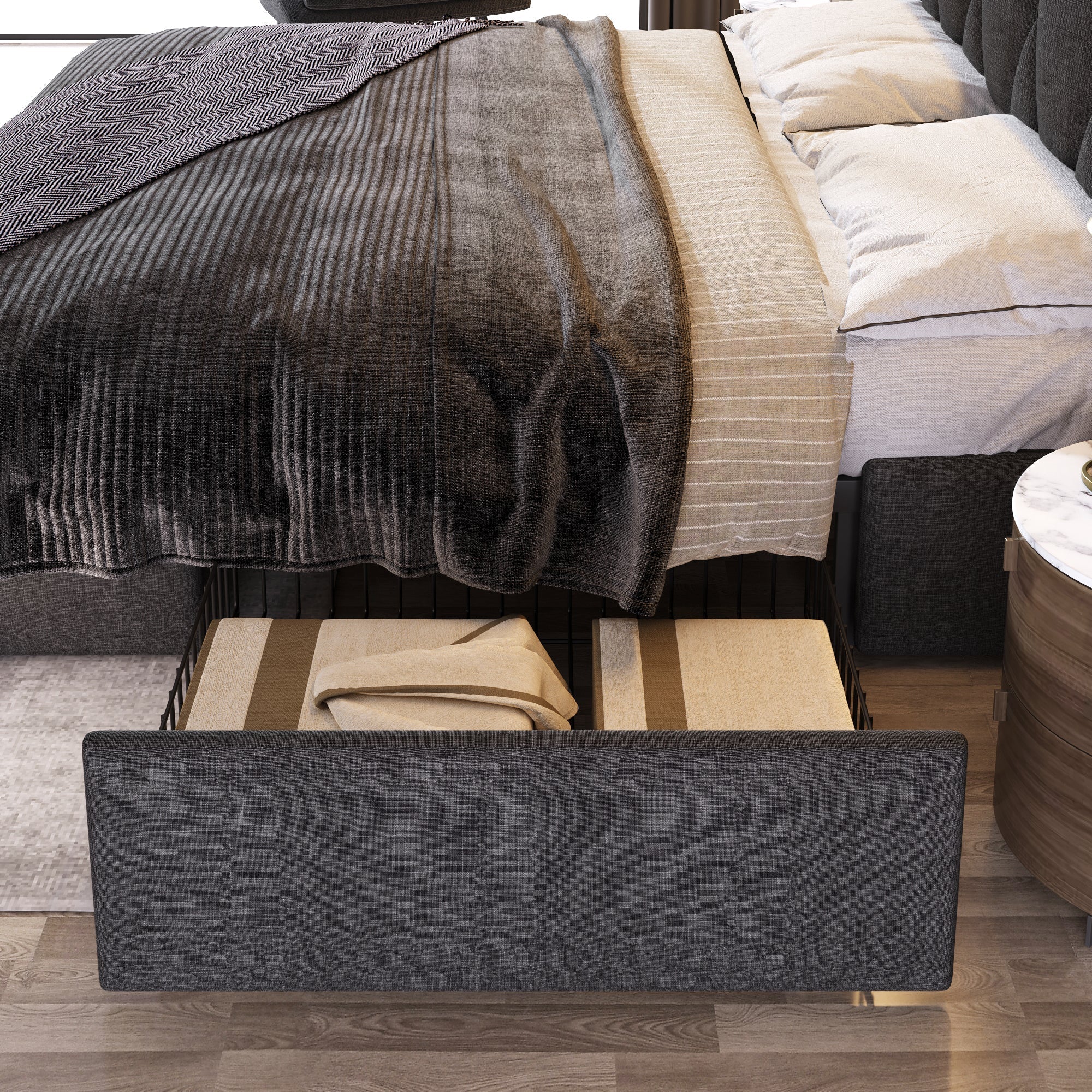 Logidon gestoffeerd bed 140x200 grijs met USB oplaadfunctie en 4 lades