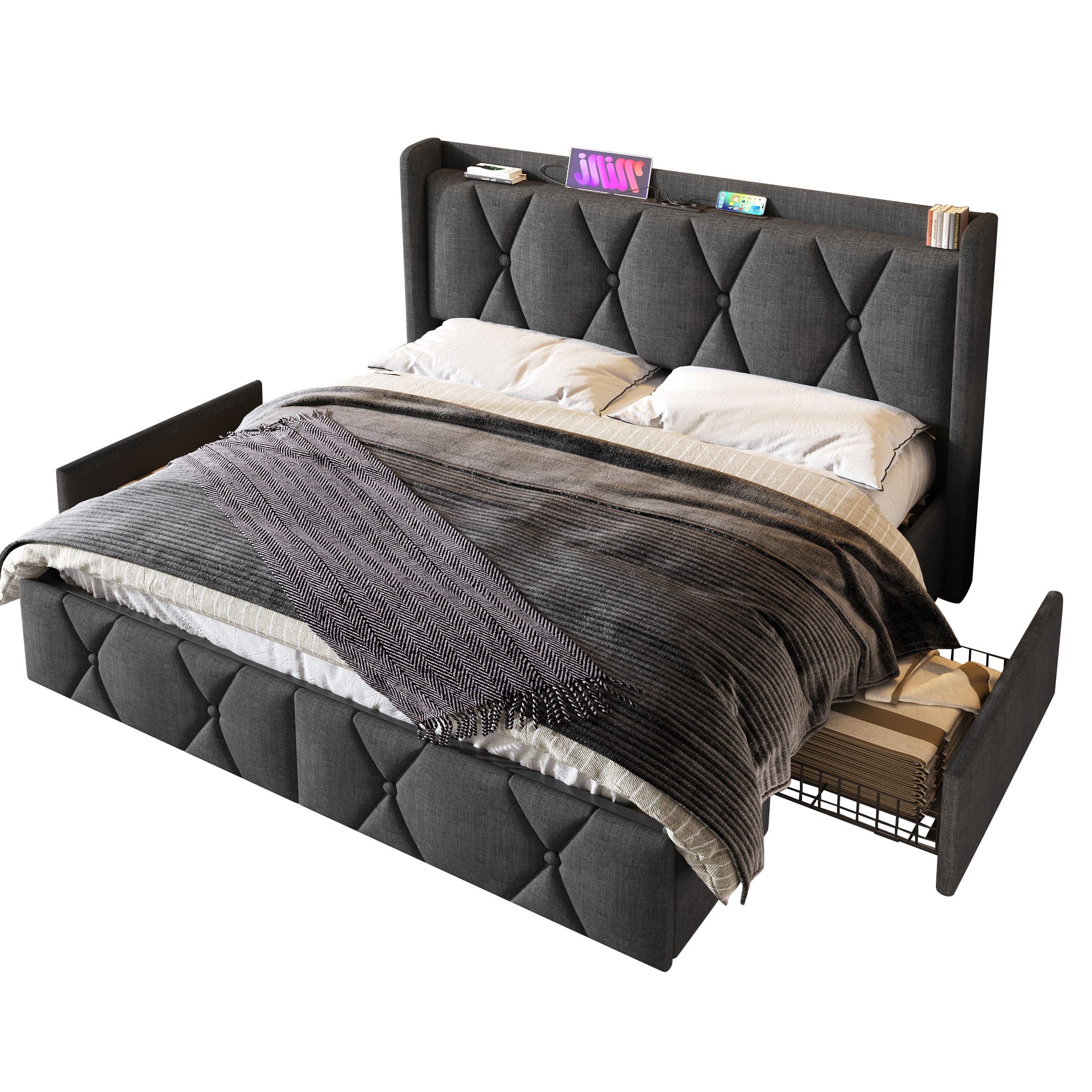Logidon gestoffeerd bed 140x200cm grijs met USB oplaadfunctie 4 lades
