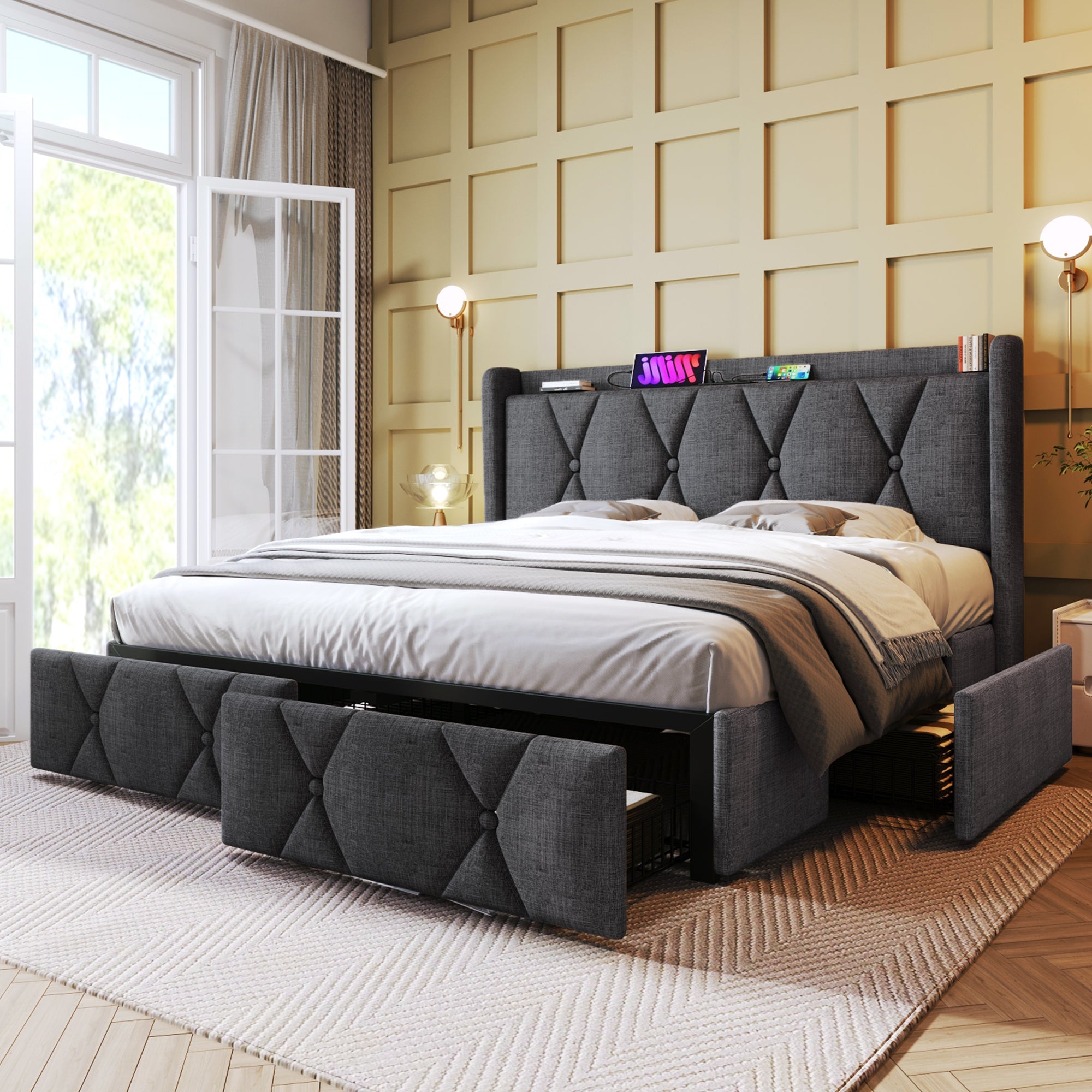 Logidon gestoffeerd bed 160x200 grijs met USB oplaadfunctie en 4 lades