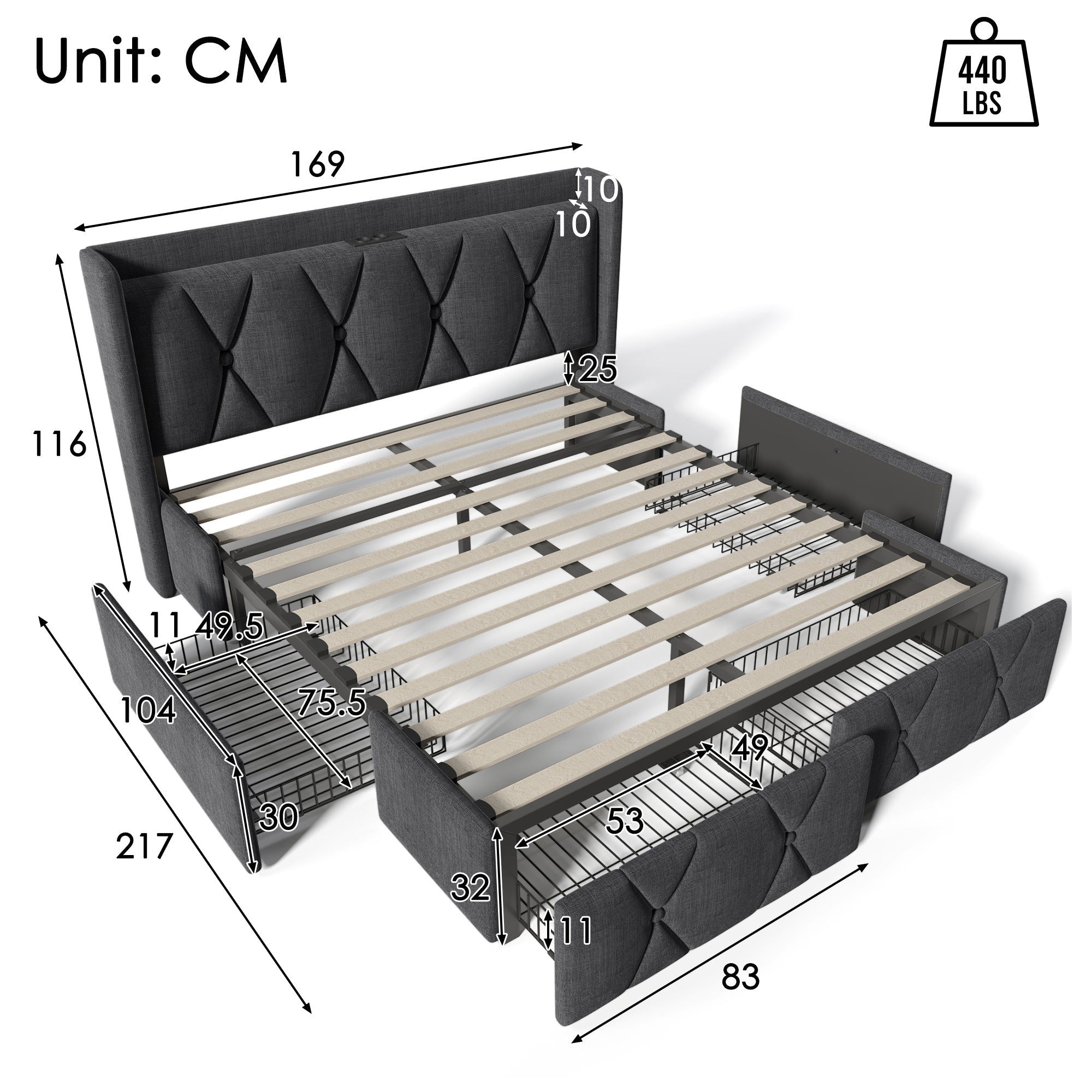 Logidon gestoffeerd bed 160x200 grijs met USB oplaadfunctie en 4 lades