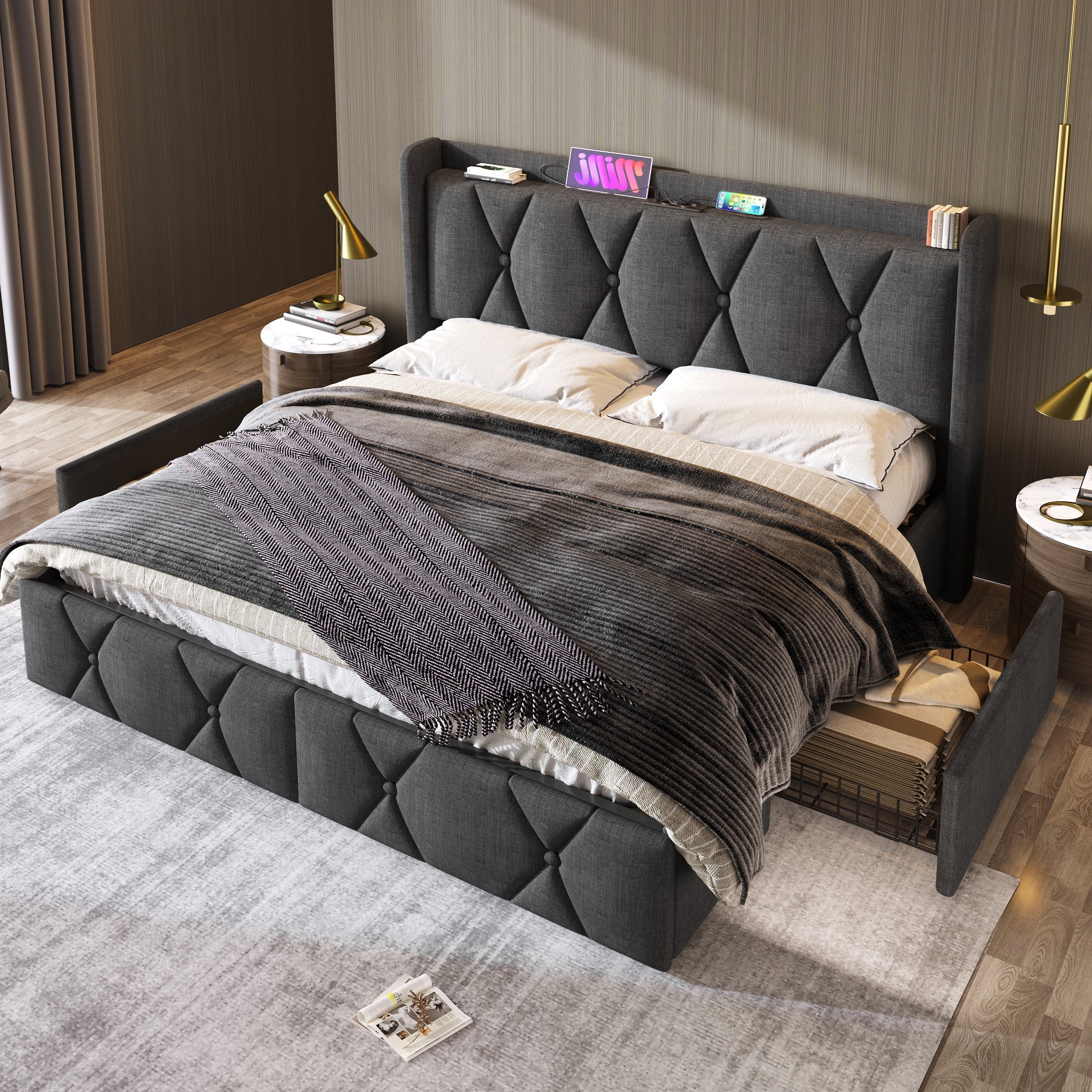 Logidon gestoffeerd bed 140x200 grijs met USB oplaadfunctie en 4 lades