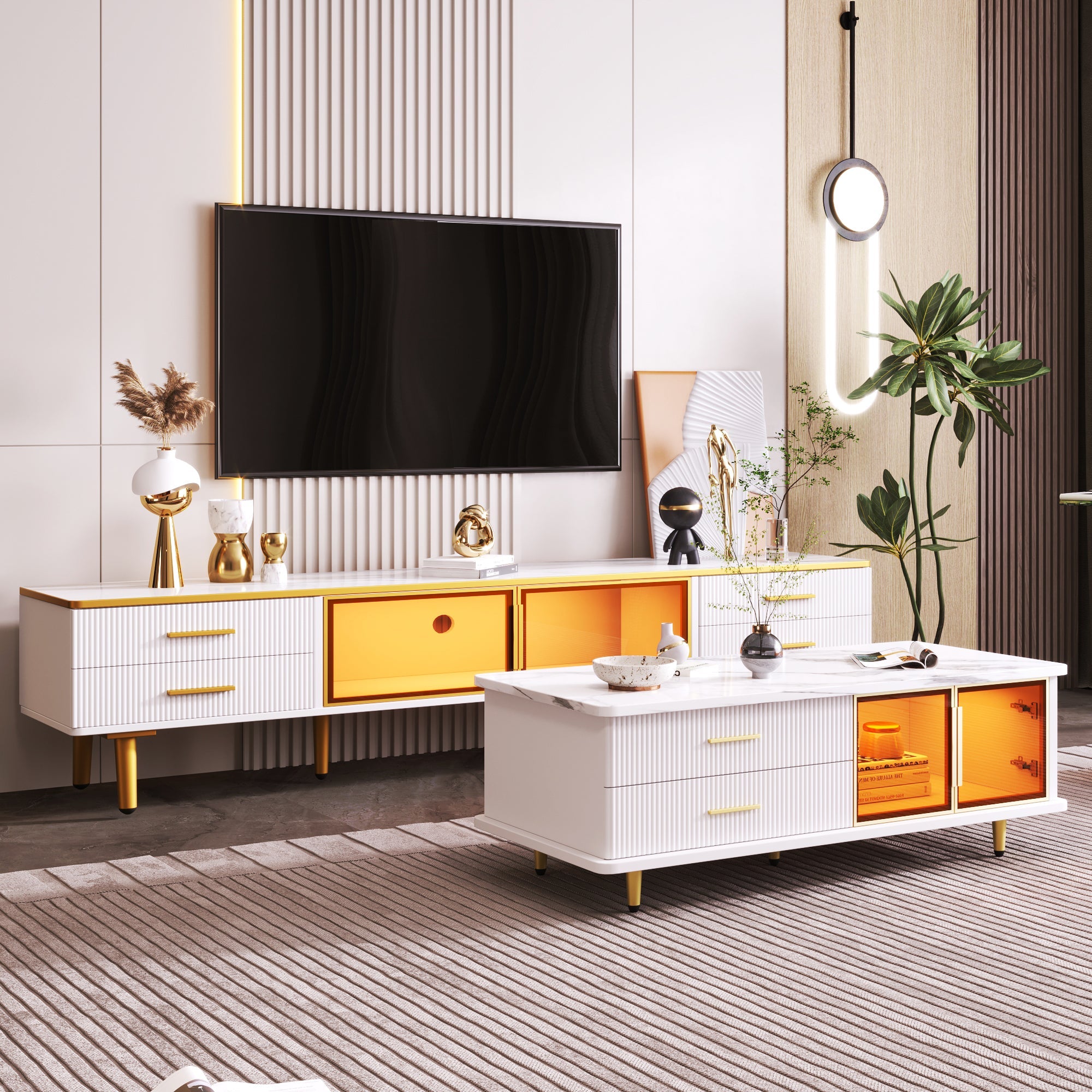 Logidon TV-meubel marmereffect 170 cm met gouden handgrepen en bruine glazen deuren