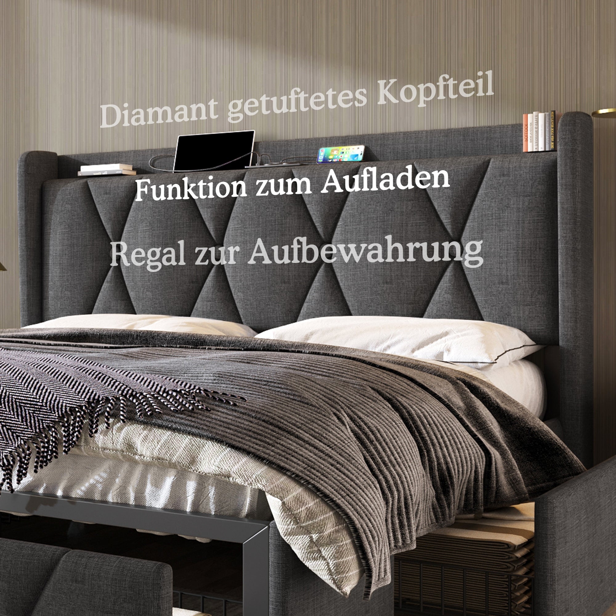 Logidon gestoffeerd bed 140x200 grijs met USB oplaadfunctie en 4 lades