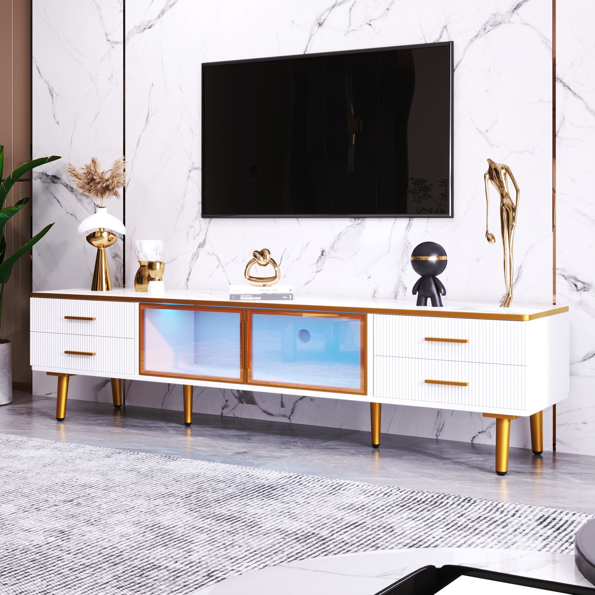 Logidon TV-meubel marmereffect 170 cm met gouden handgrepen en bruine glazen deuren
