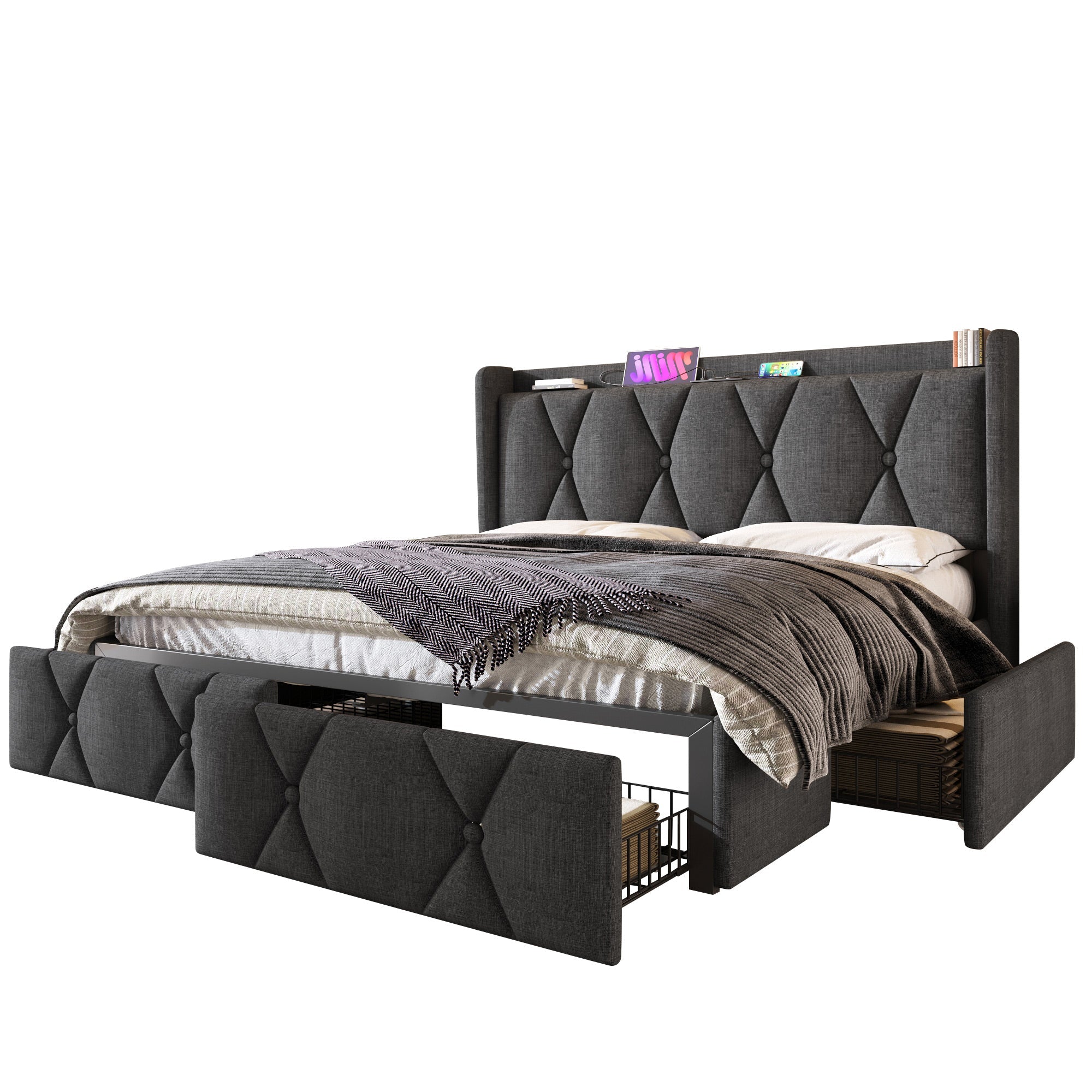 Logidon gestoffeerd bed 160x200 grijs met USB oplaadfunctie en 4 lades