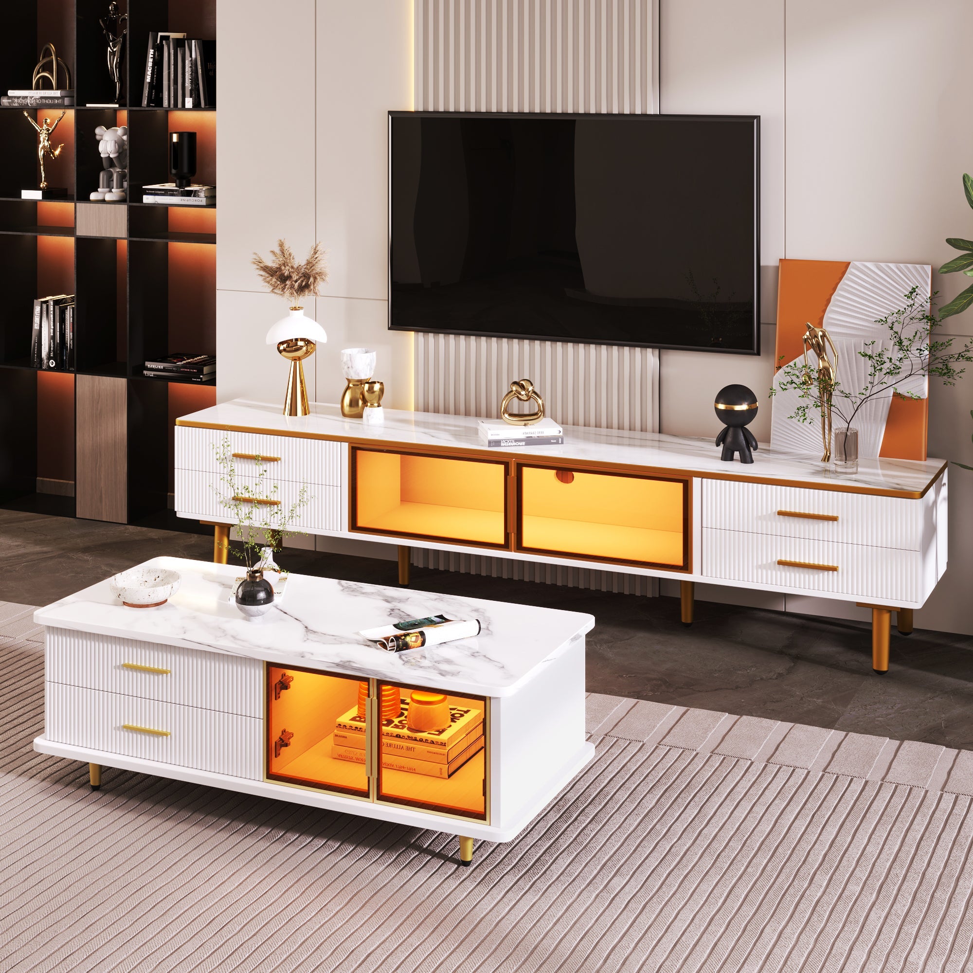 Logidon TV-meubel marmereffect 170 cm met gouden handgrepen en bruine glazen deuren