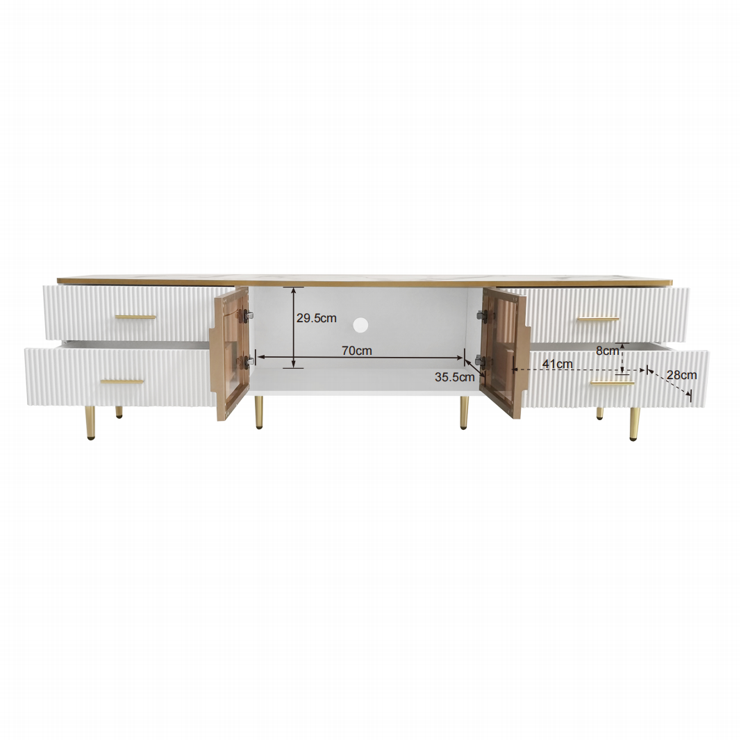 Logidon TV-meubel marmereffect 170 cm met gouden handgrepen en bruine glazen deuren