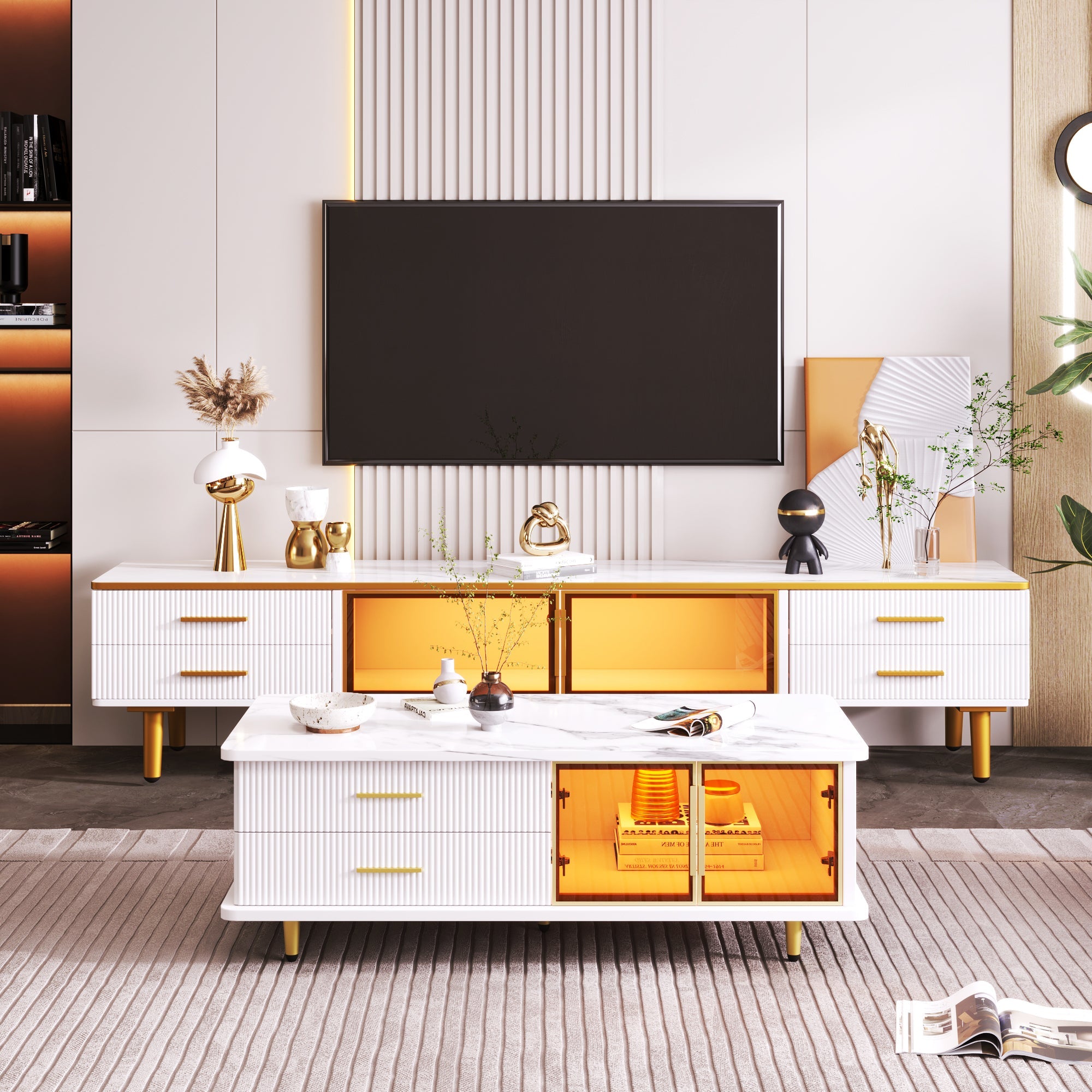 Logidon TV-meubel marmereffect 170 cm met gouden handgrepen en bruine glazen deuren