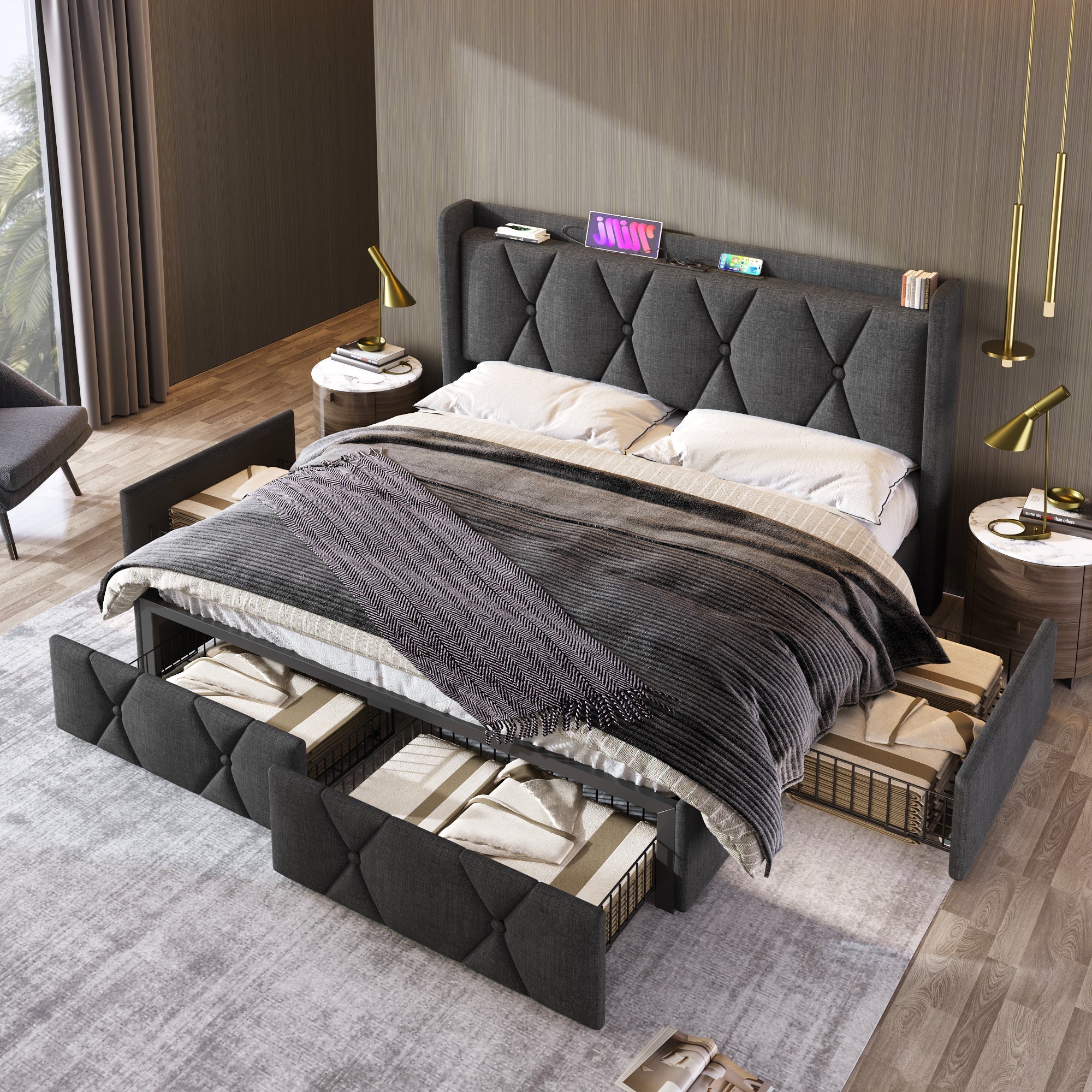Logidon gestoffeerd bed 140x200 grijs met USB oplaadfunctie en 4 lades