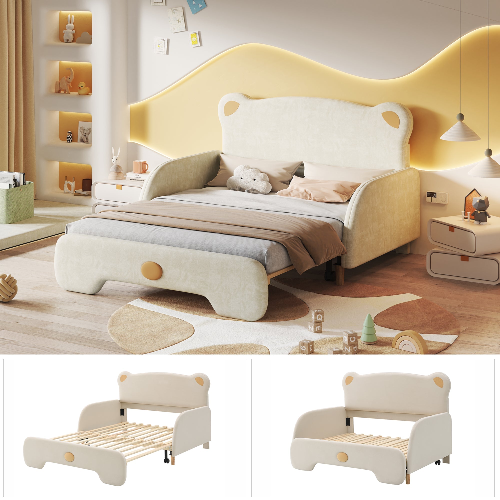 Logidon Beervorm Tweepersoonsbed Fluweel Beige 140x200 cm Uitschuifbaar