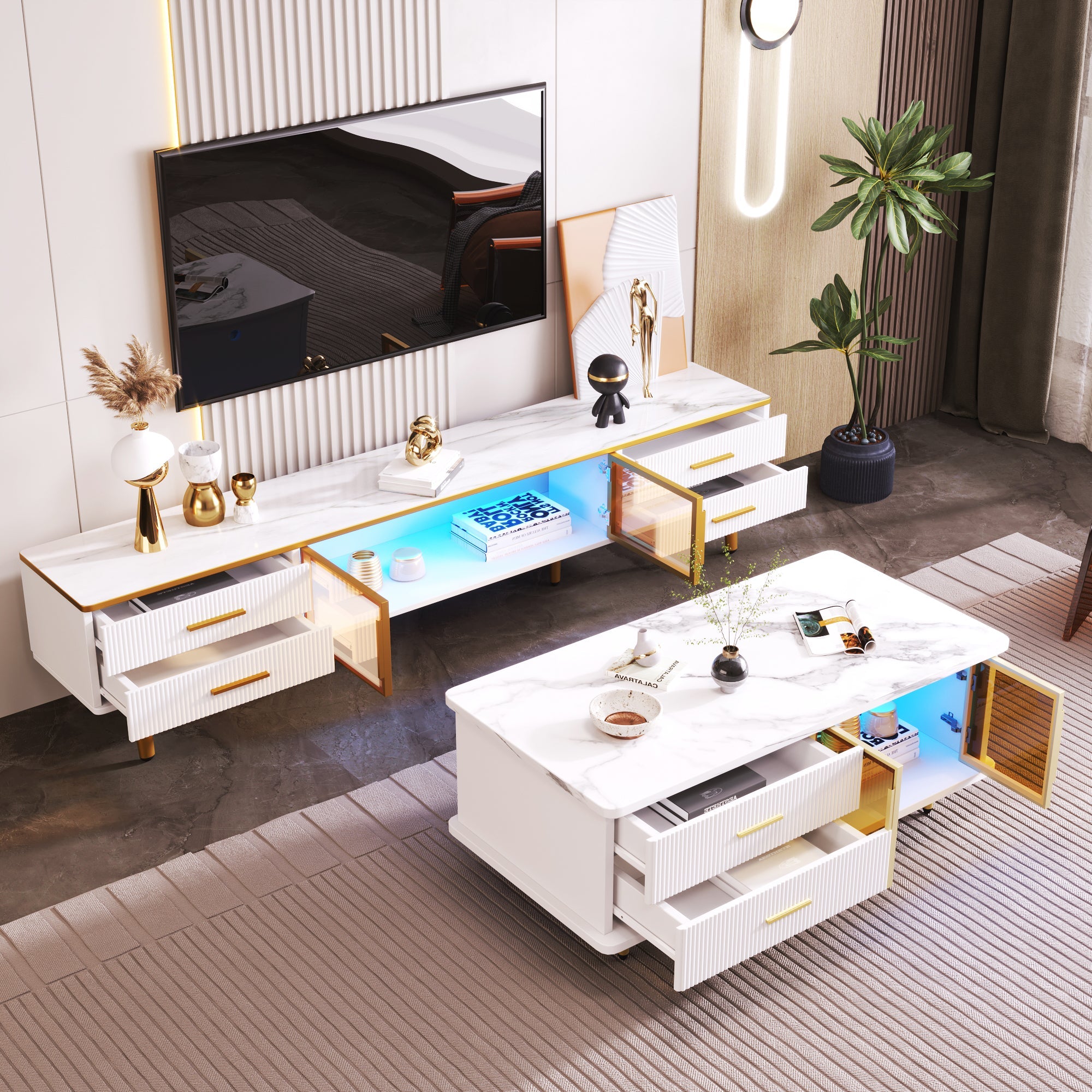 Logidon TV-meubel marmereffect 170 cm met gouden handgrepen en bruine glazen deuren