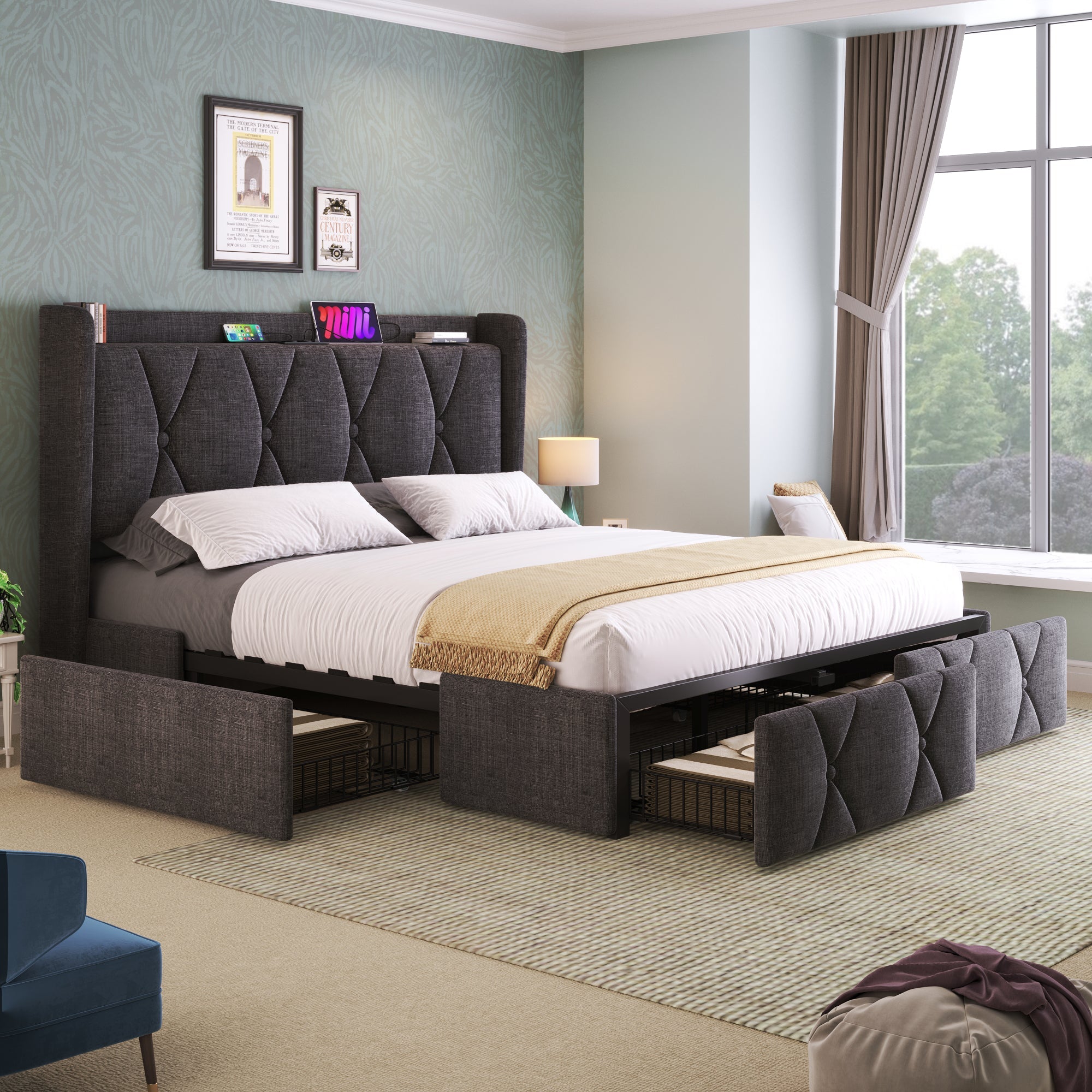 Logidon gestoffeerd bed 160x200 grijs met USB oplaadfunctie en 4 lades