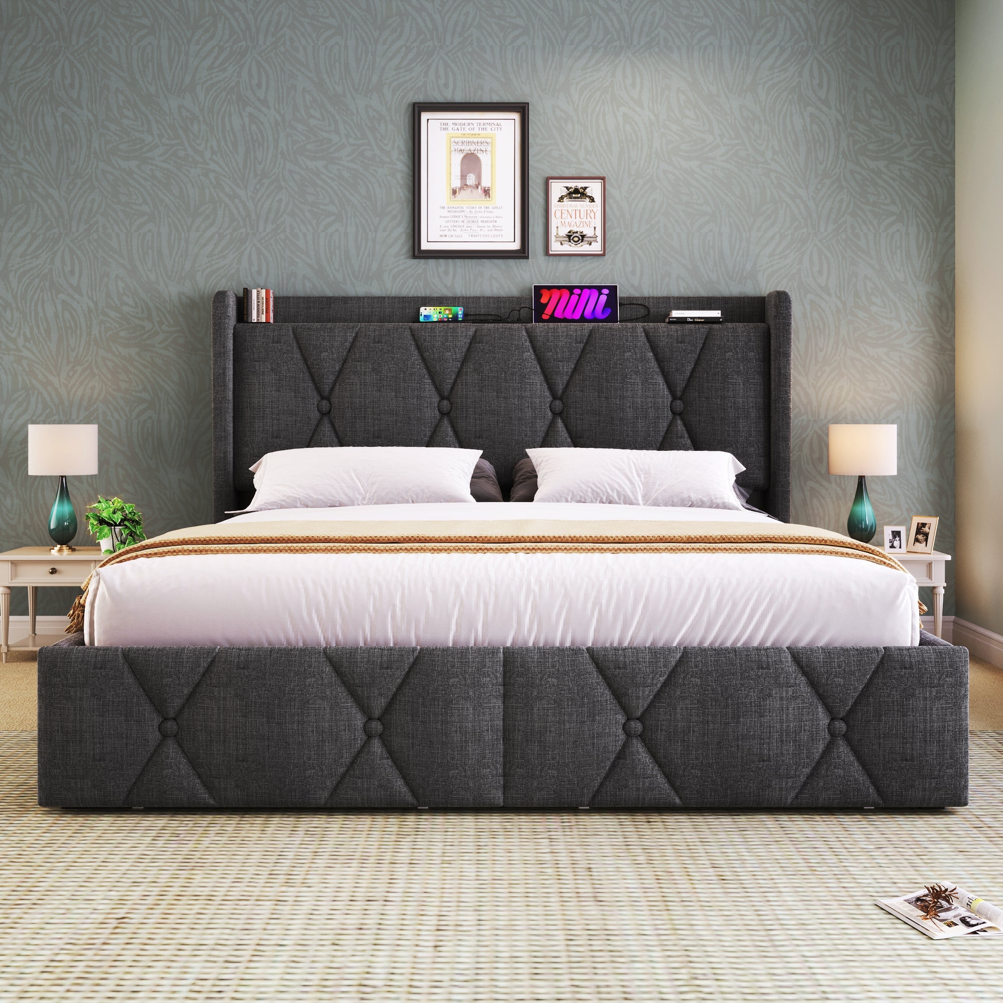Logidon gestoffeerd bed 160x200 grijs met USB oplaadfunctie en 4 lades