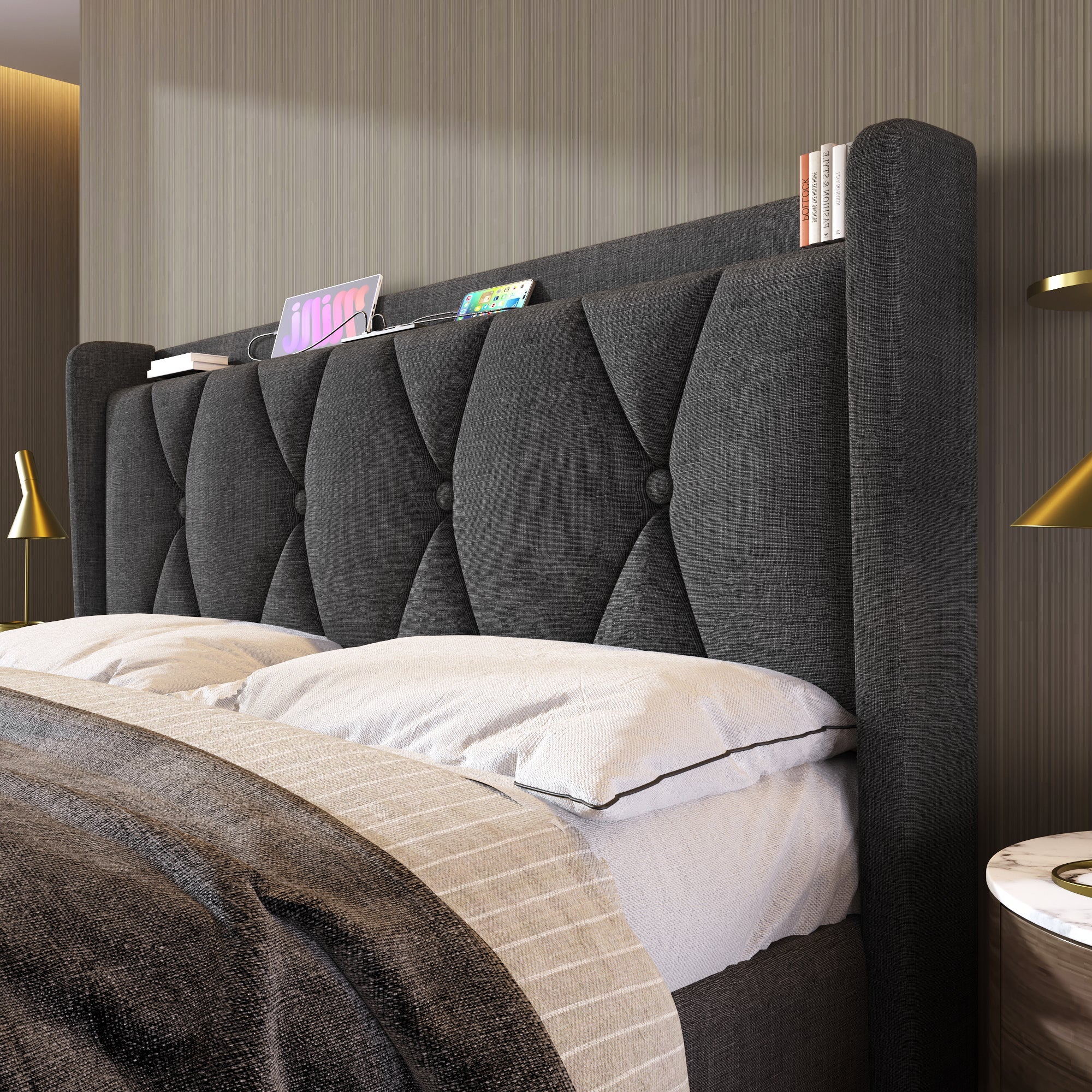 Logidon gestoffeerd bed 140x200 grijs met USB oplaadfunctie en 4 lades