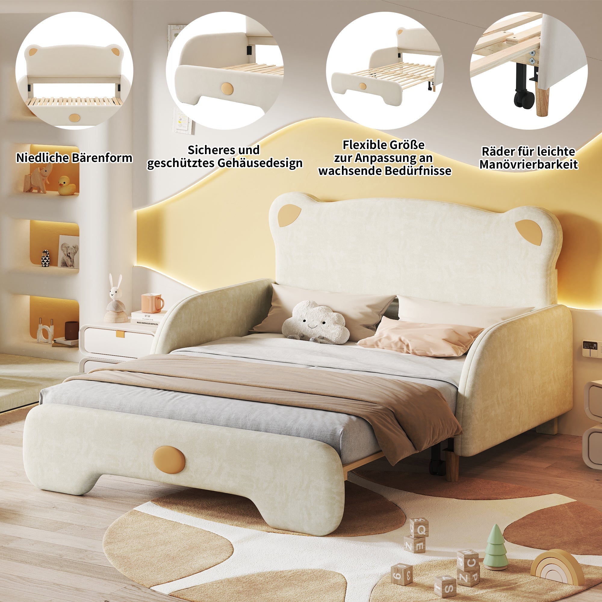 Logidon Beervorm Tweepersoonsbed Fluweel Beige 140x200 cm Uitschuifbaar