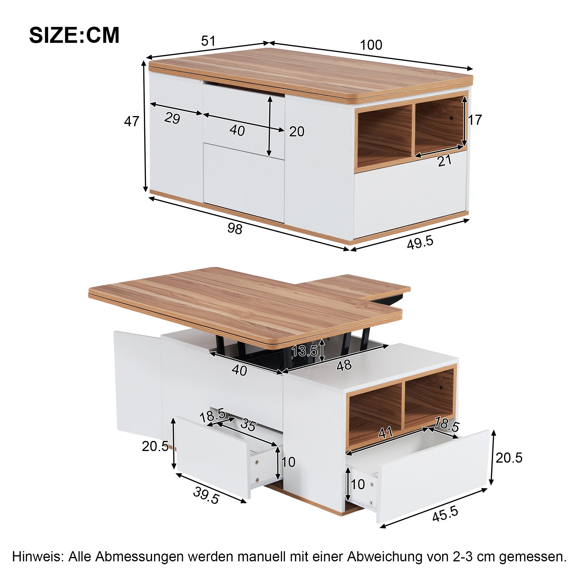 Logidon hefbare multifunctionele tafel Wit tafelblad met opening voor 2 tafels