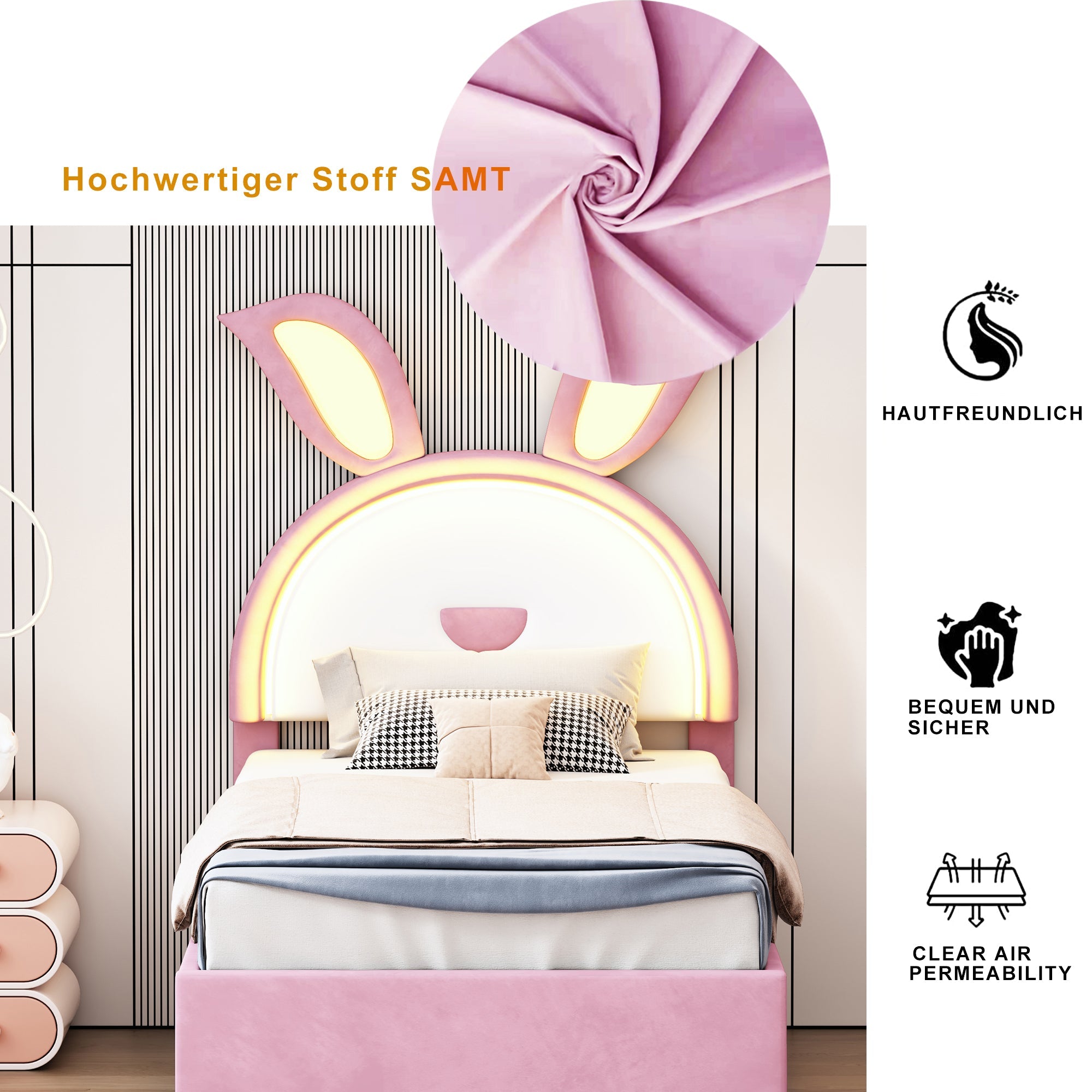 Logidon kinderbed gestoffeerd bed 90 x 200 cm roze fluwelen stoffen slaapbank