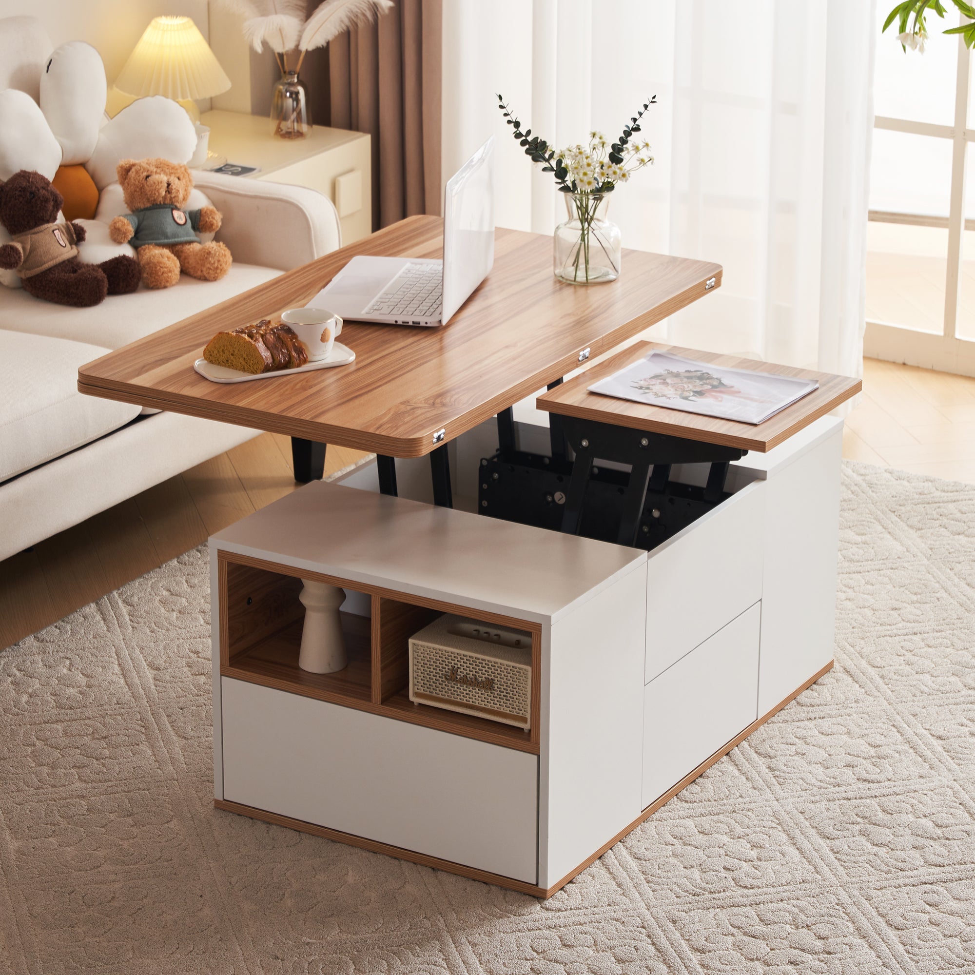 Logidon hefbare multifunctionele tafel Wit tafelblad met opening voor 2 tafels