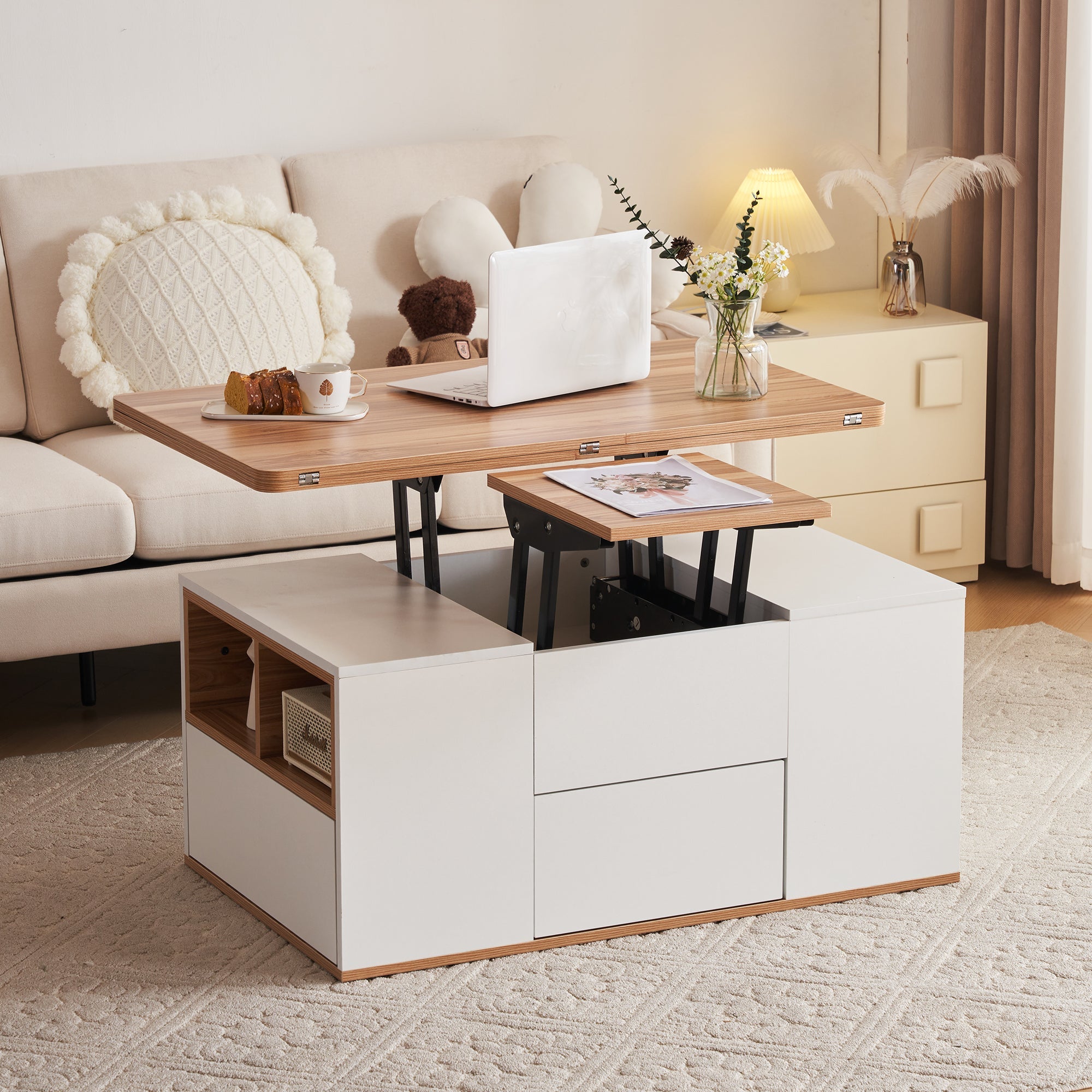 Logidon Liftable Multifunctional Table White Table Top Opens 2 Tables