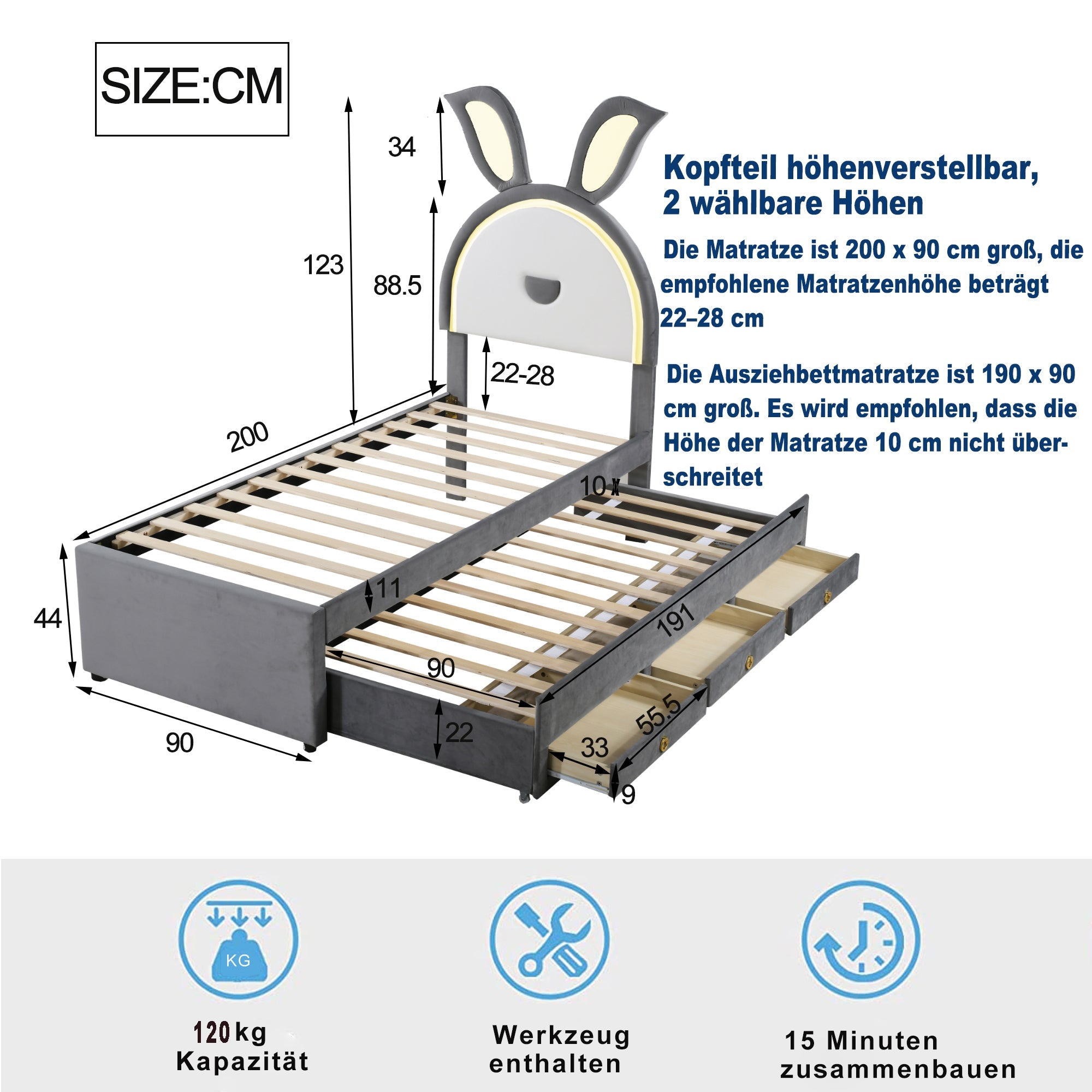 Logidon kinderbed 90x200 gestoffeerd bed fluwelen slaapbank uitschuifbaar grijs