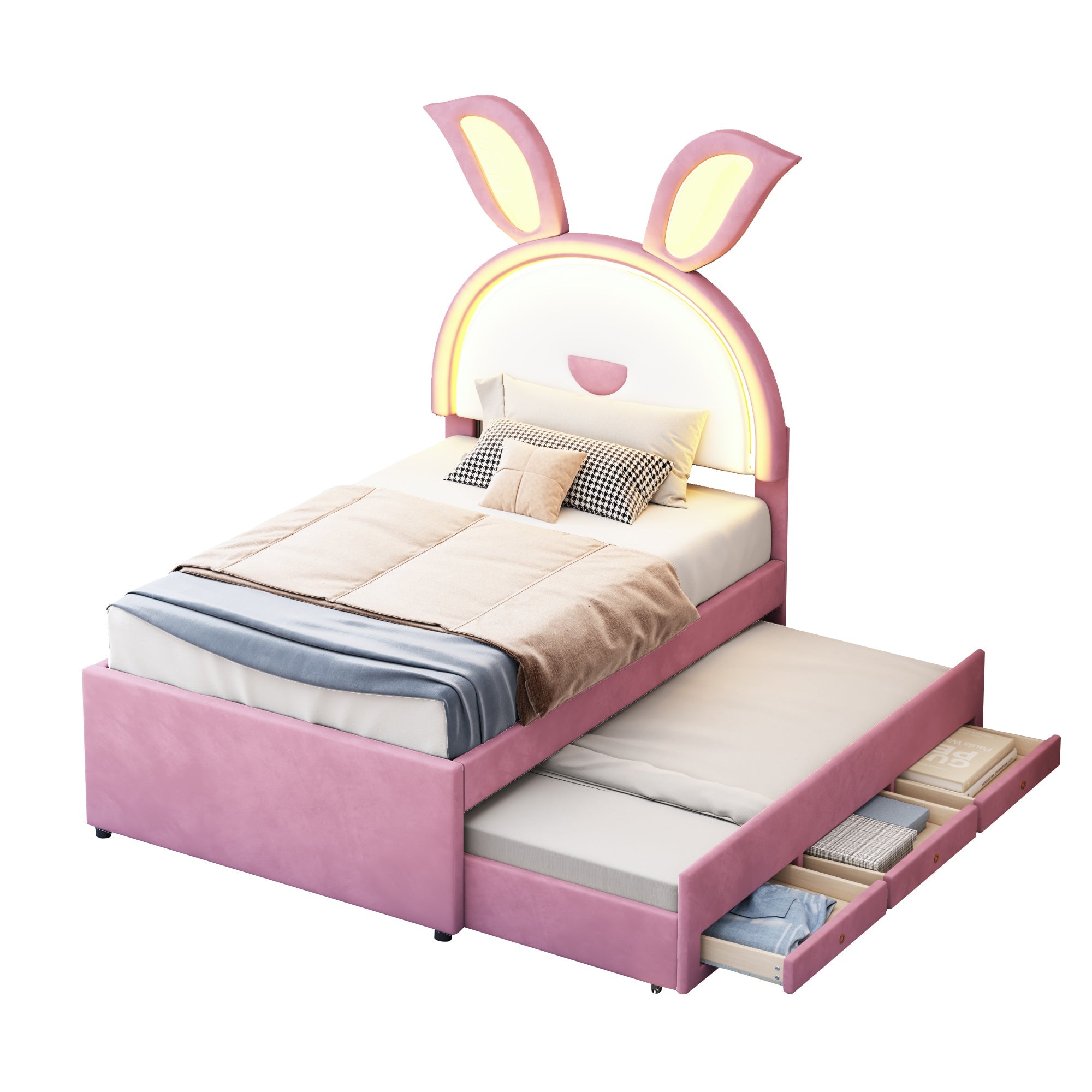 Logidon kinderbed gestoffeerd bed 90 x 200 cm roze fluwelen stoffen slaapbank