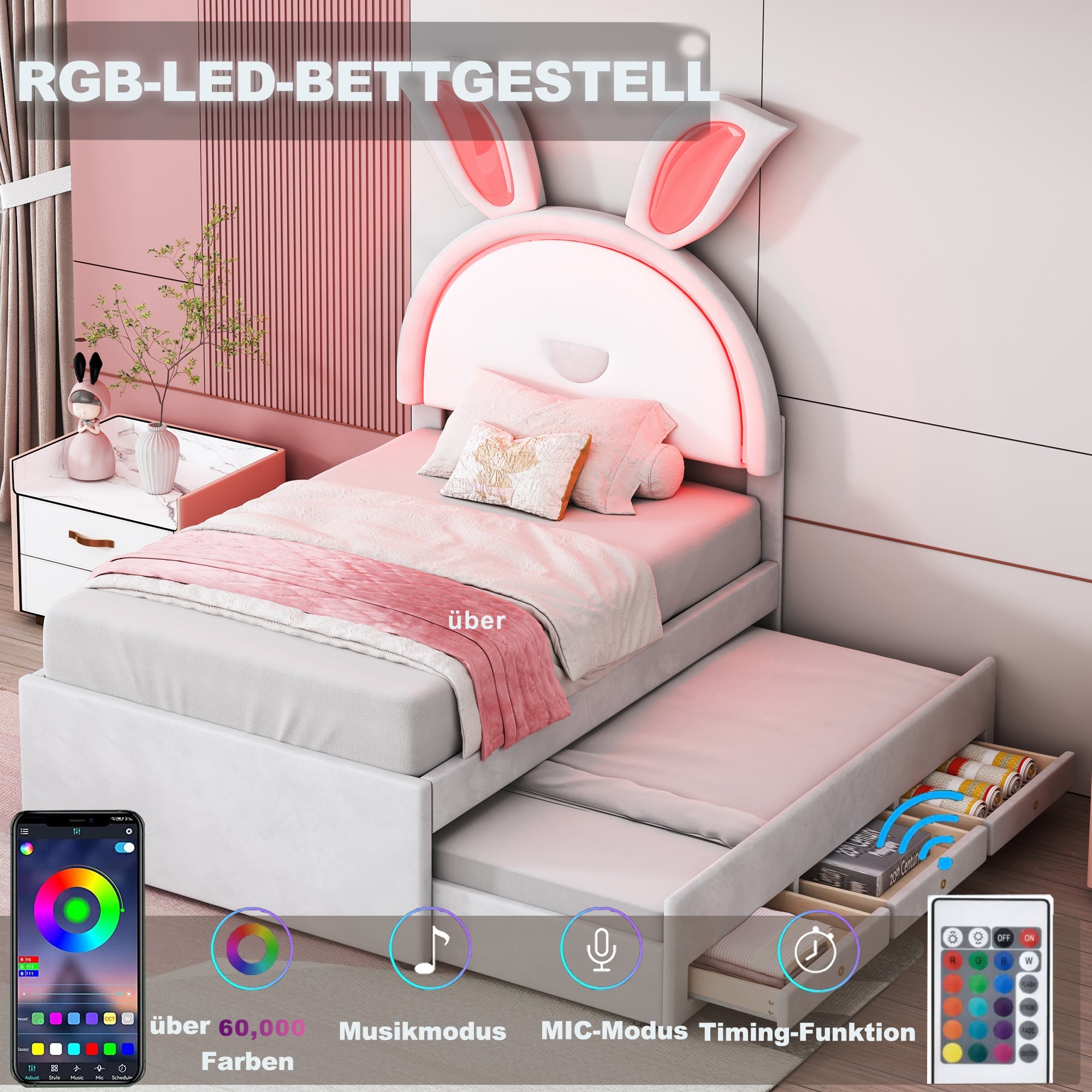 Logidon kinderbed 90x200 beige gestoffeerd bed slaapbank uitschuifbaar bed