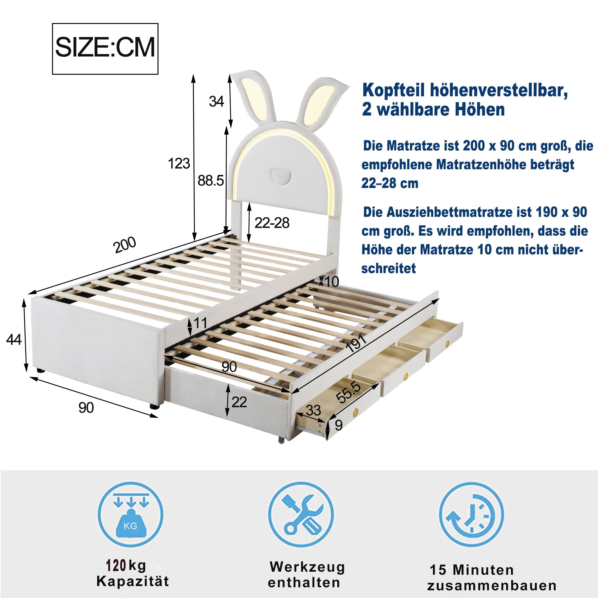 Logidon kinderbed 90x200 beige gestoffeerd bed slaapbank uitschuifbaar bed