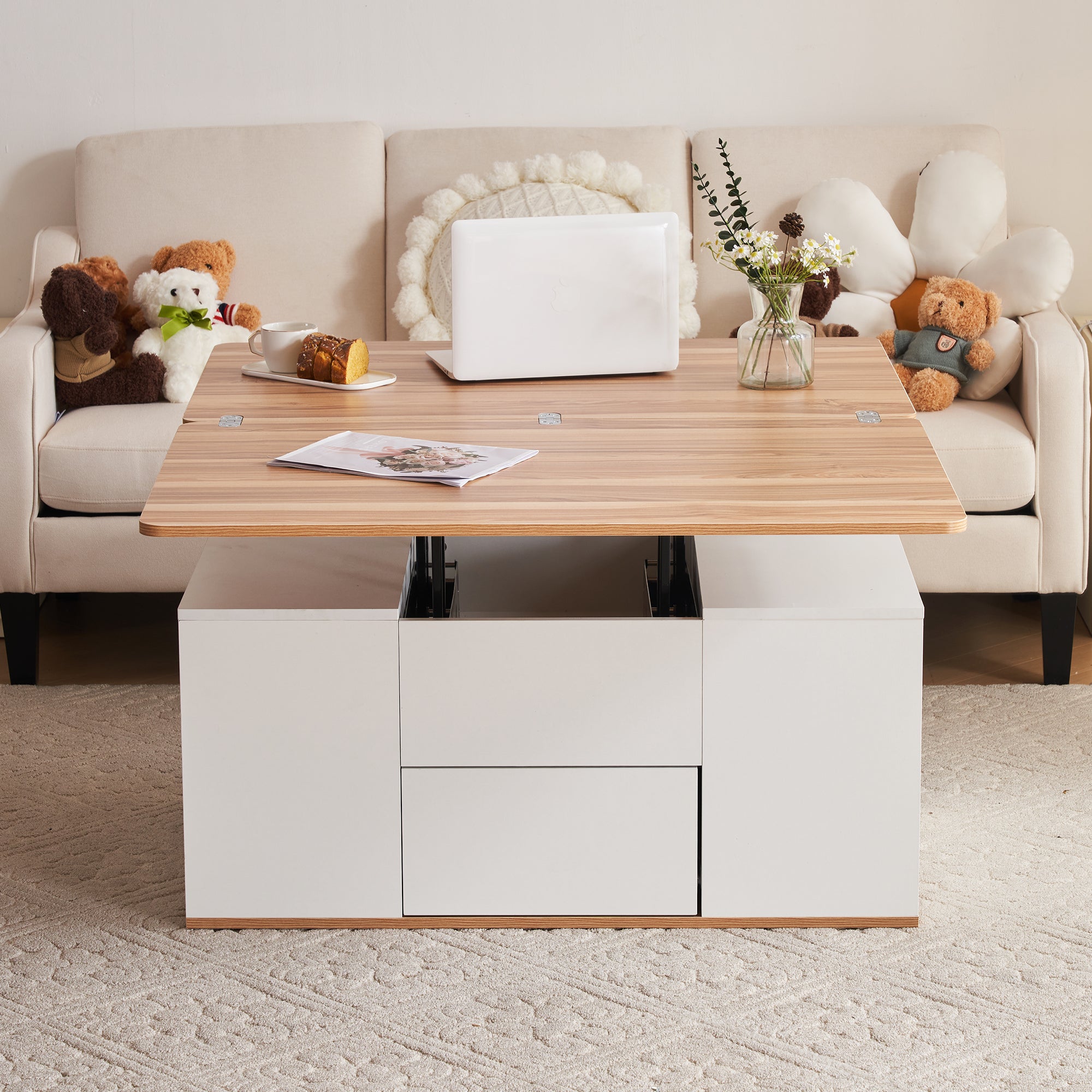 Logidon Liftable Multifunctional Table White Table Top Opens 2 Tables