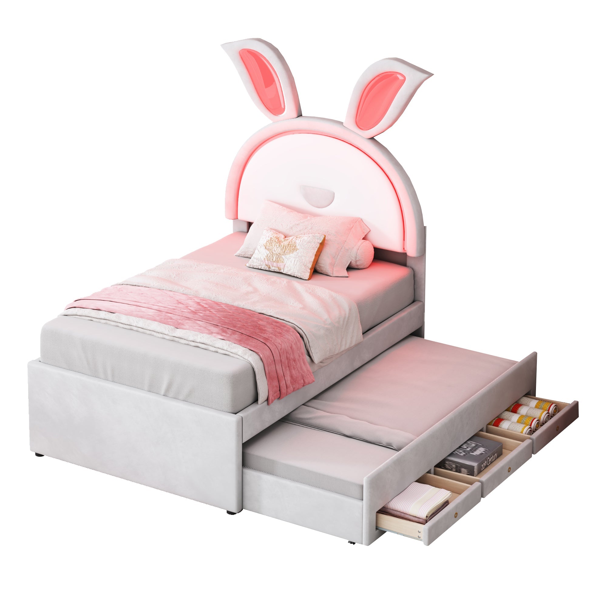 Logidon kinderbed 90x200 beige gestoffeerd bed slaapbank uitschuifbaar bed