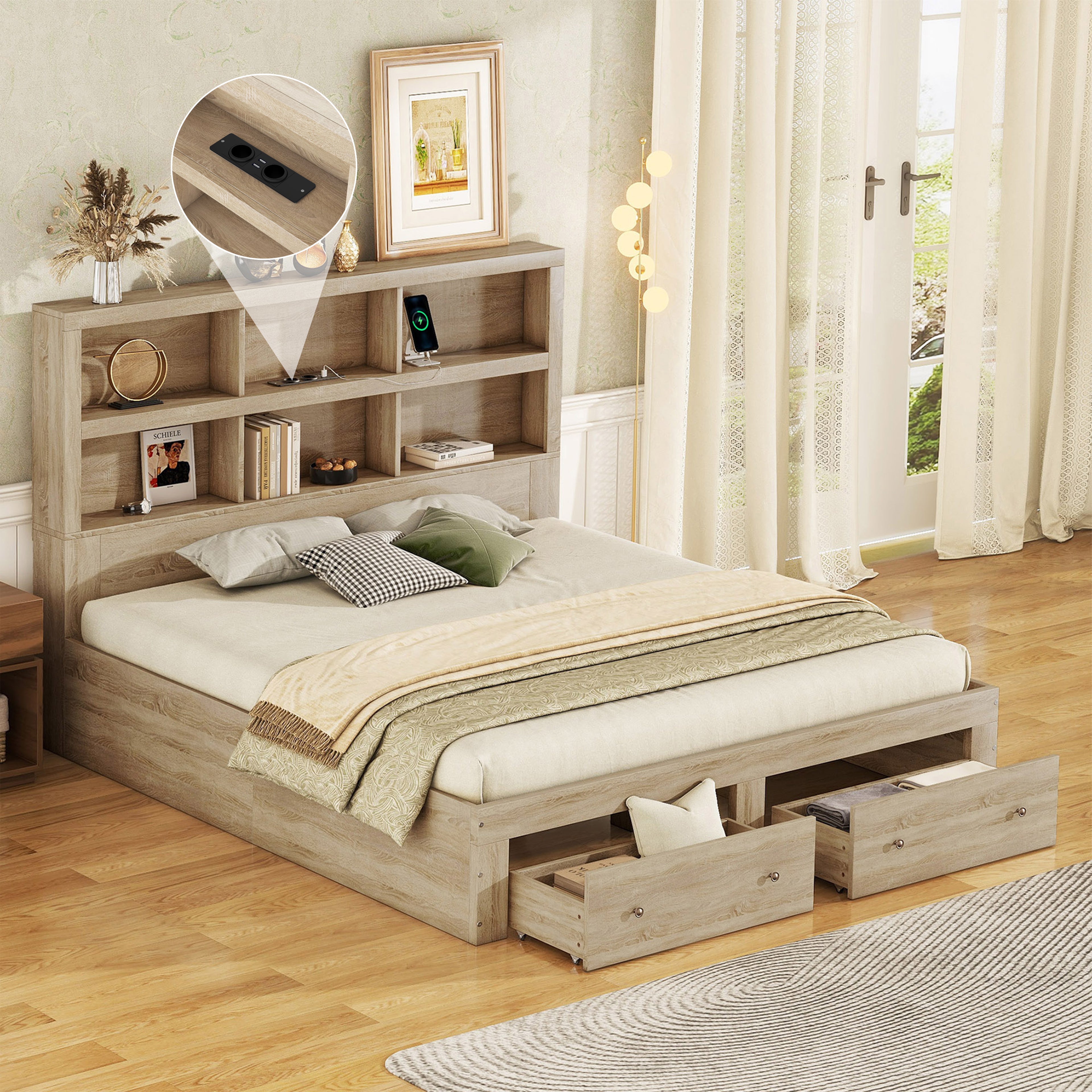 Logidon 160x200 tweepersoonsbed naturel met opbergruimte hoofdbordladen