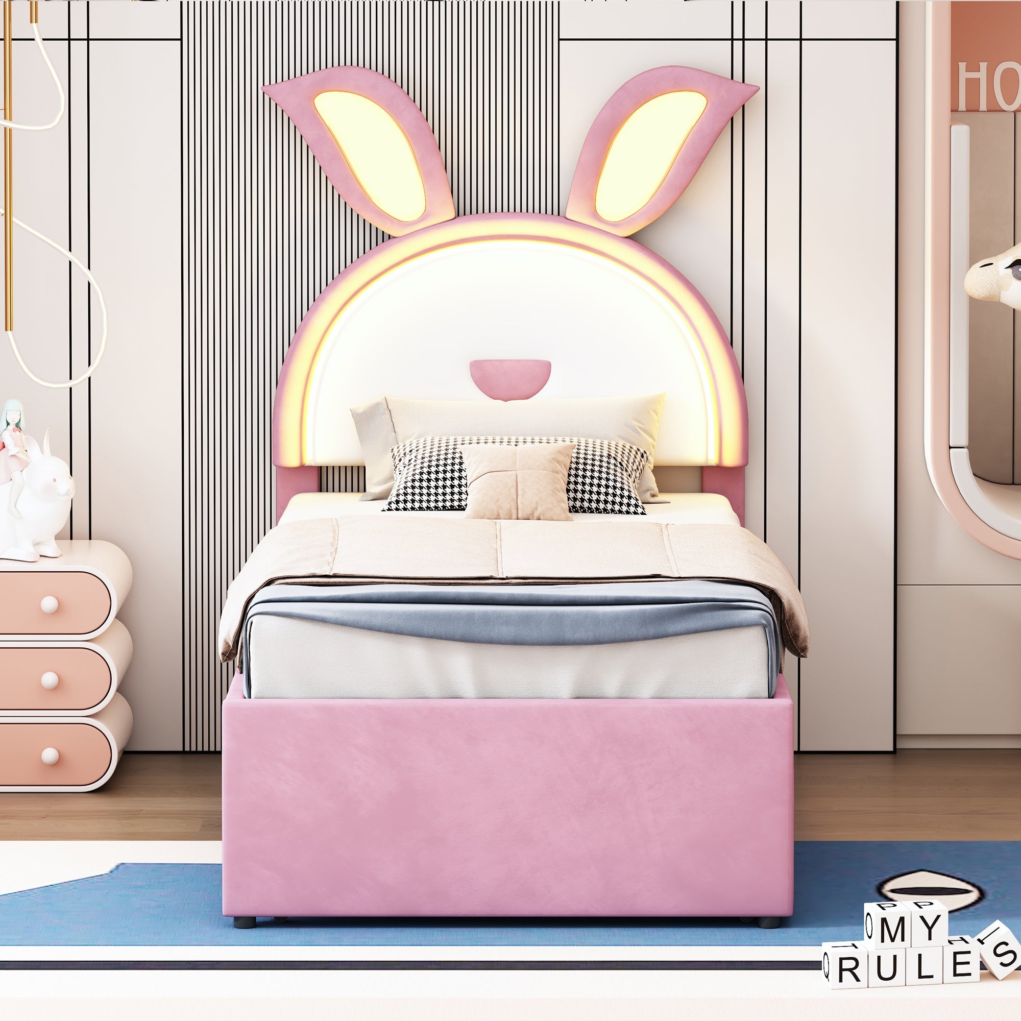 Logidon kinderbed gestoffeerd bed 90 x 200 cm roze fluwelen stoffen slaapbank