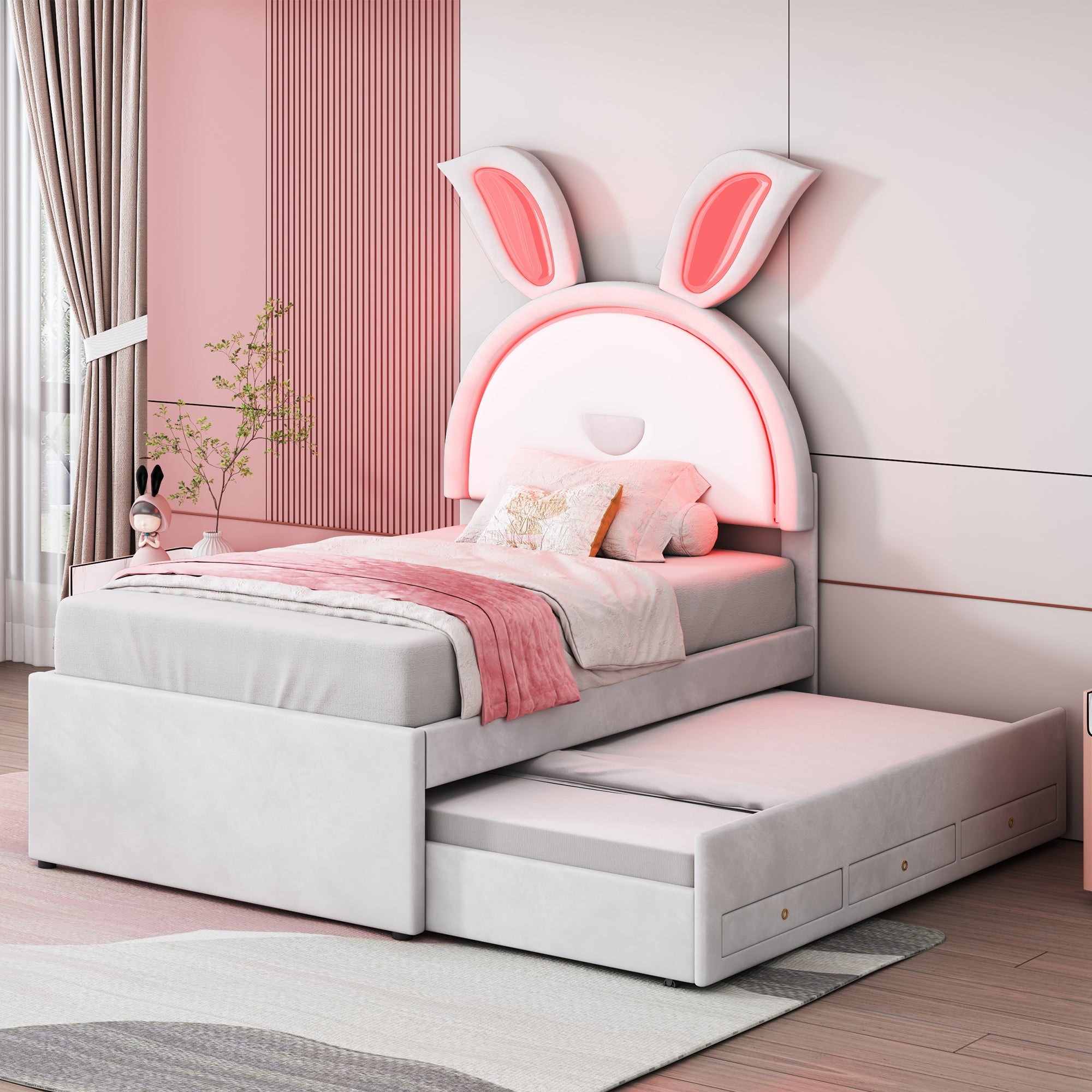 Logidon kinderbed 90x200 beige gestoffeerd bed slaapbank uitschuifbaar bed