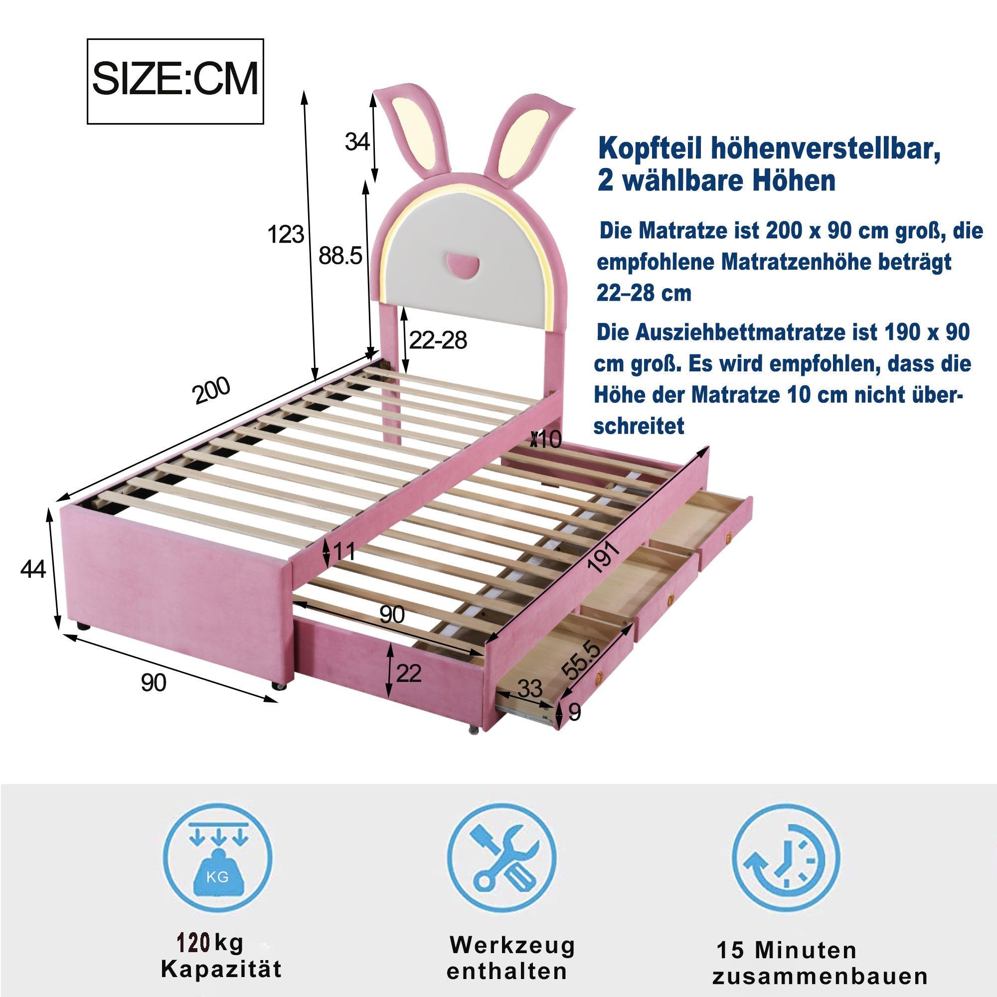 Logidon kinderbed gestoffeerd bed 90 x 200 cm roze fluwelen stoffen slaapbank