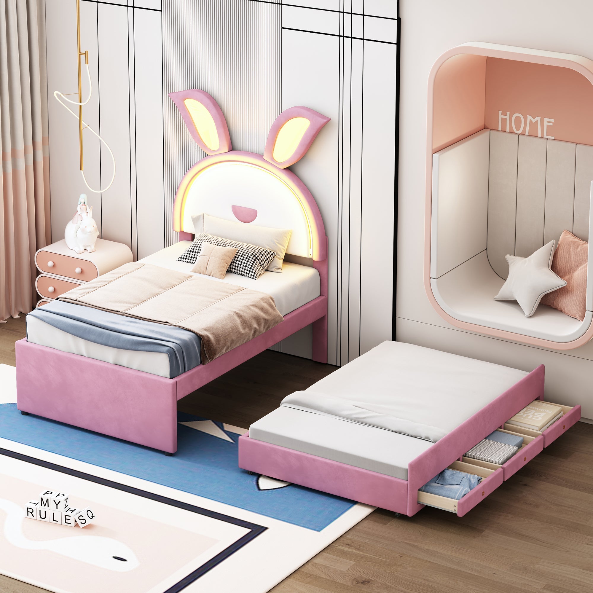 Logidon kinderbed gestoffeerd bed 90 x 200 cm roze fluwelen stoffen slaapbank