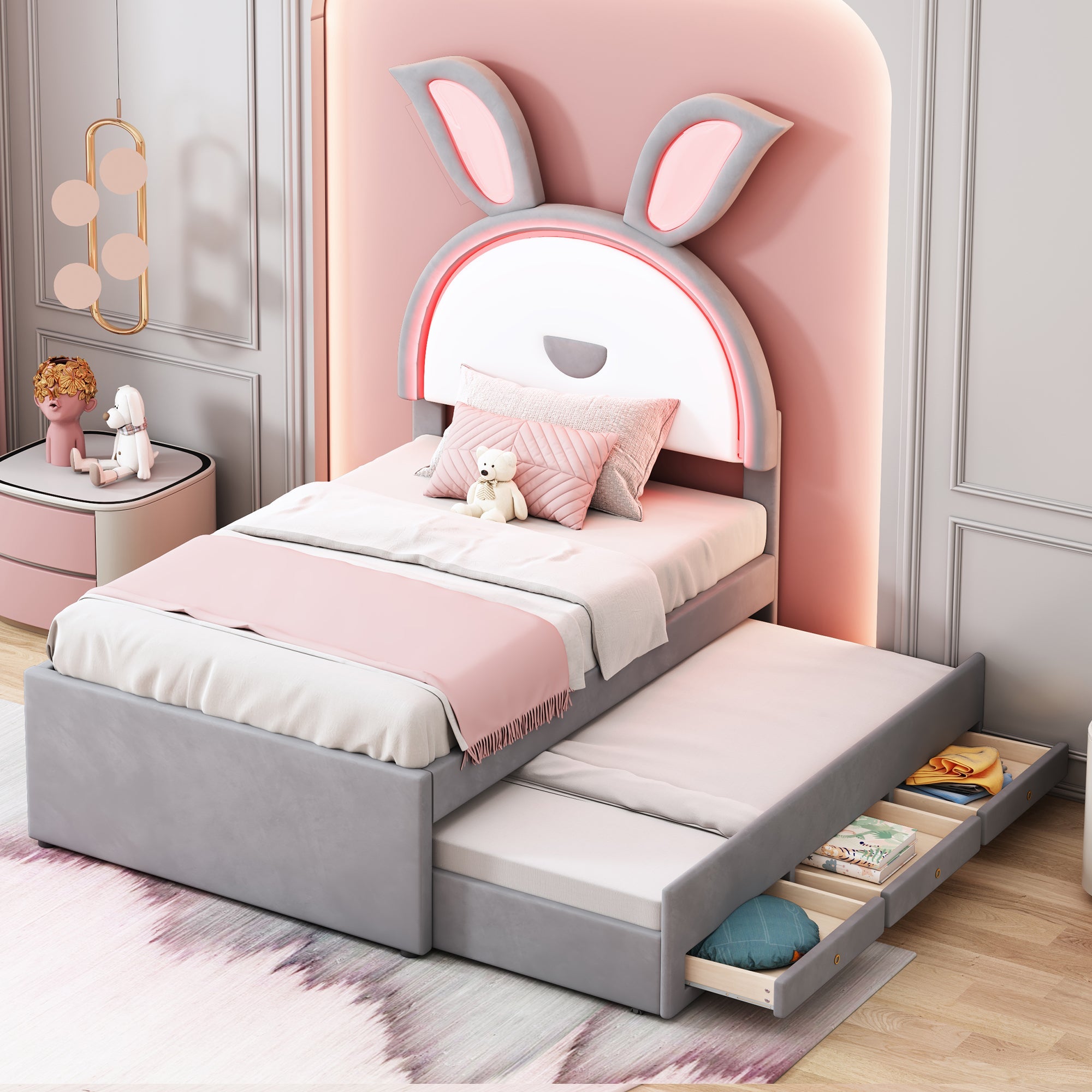 Logidon children's bed 90x200 upholstered bed velvet sofa bed extendable gray