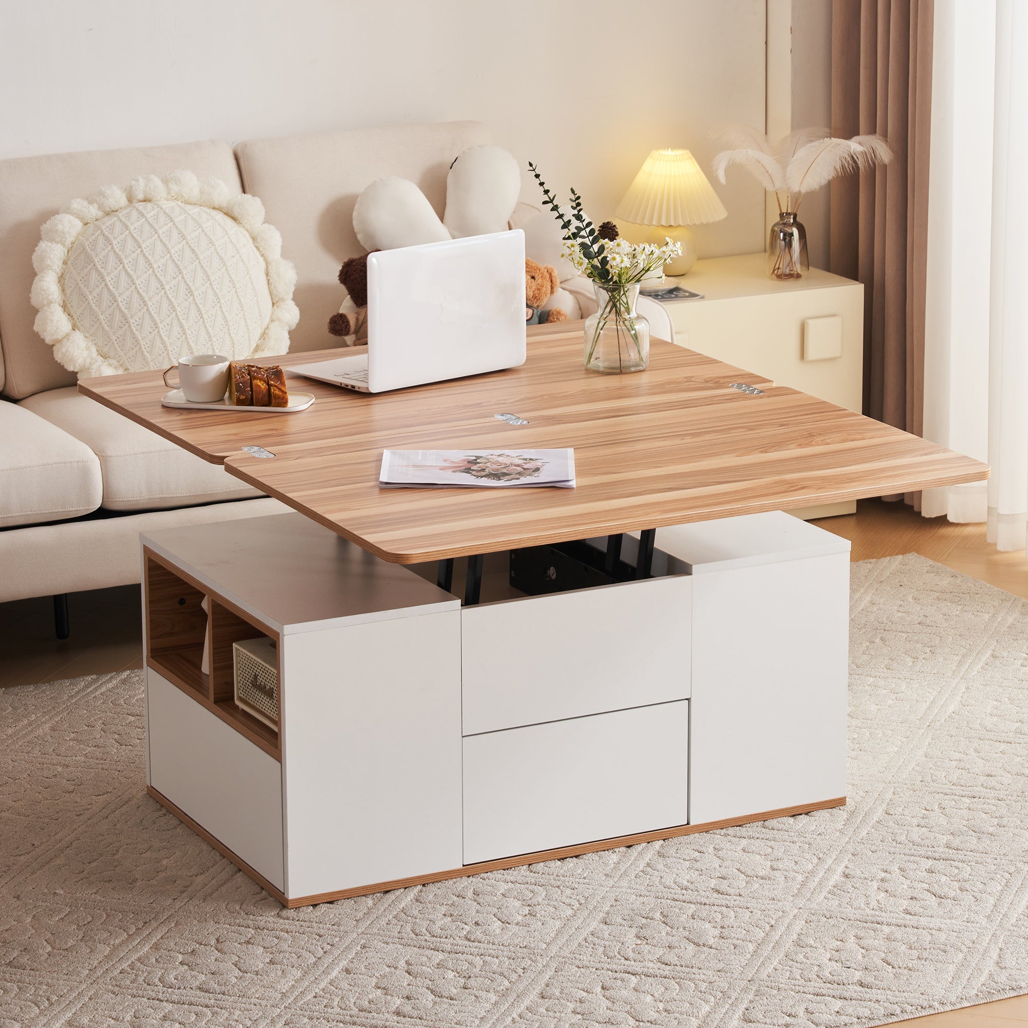 Logidon Liftable Multifunctional Table White Table Top Opens 2 Tables