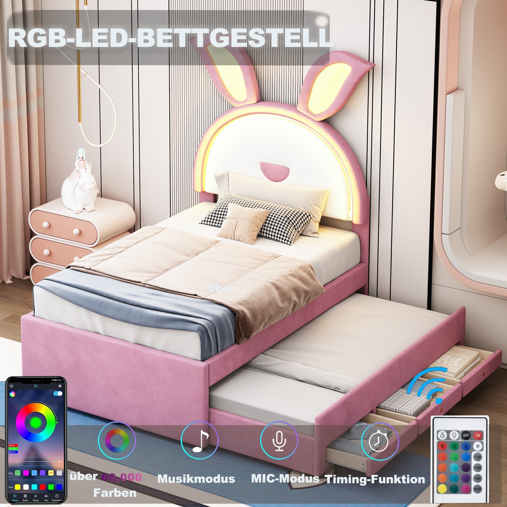 Logidon kinderbed gestoffeerd bed 90 x 200 cm roze fluwelen stoffen slaapbank
