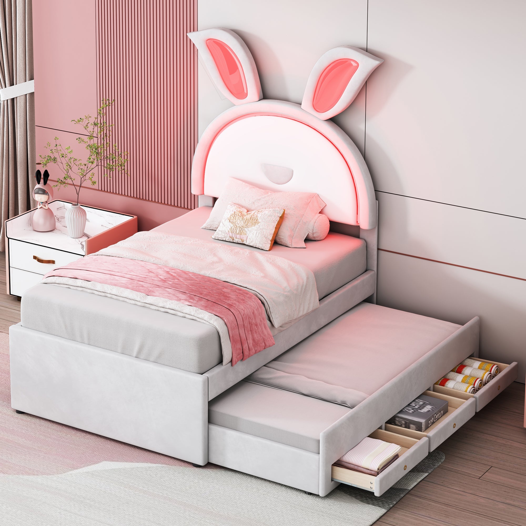 Logidon kinderbed 90x200 beige gestoffeerd bed slaapbank uitschuifbaar bed