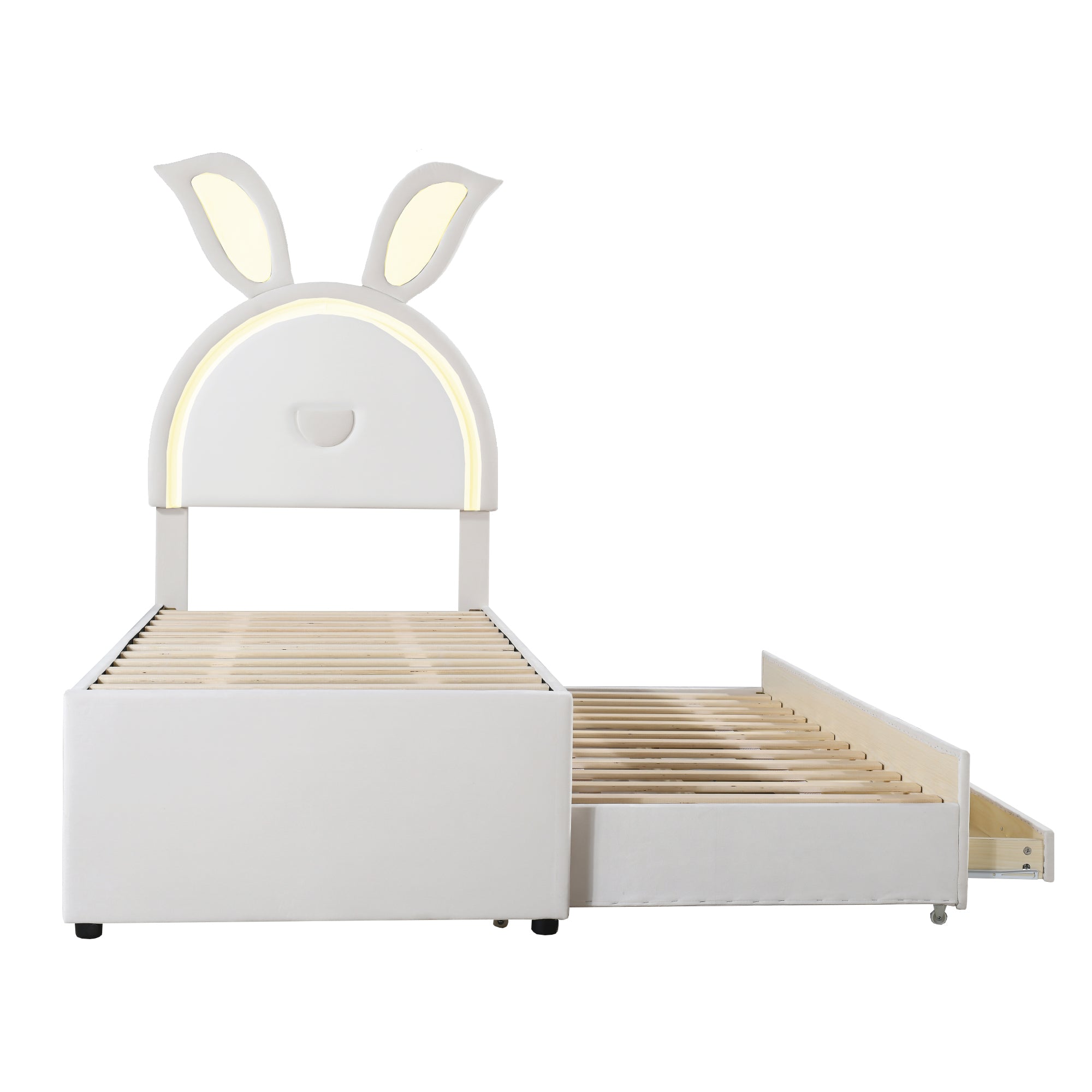 Logidon kinderbed 90x200 beige gestoffeerd bed slaapbank uitschuifbaar bed