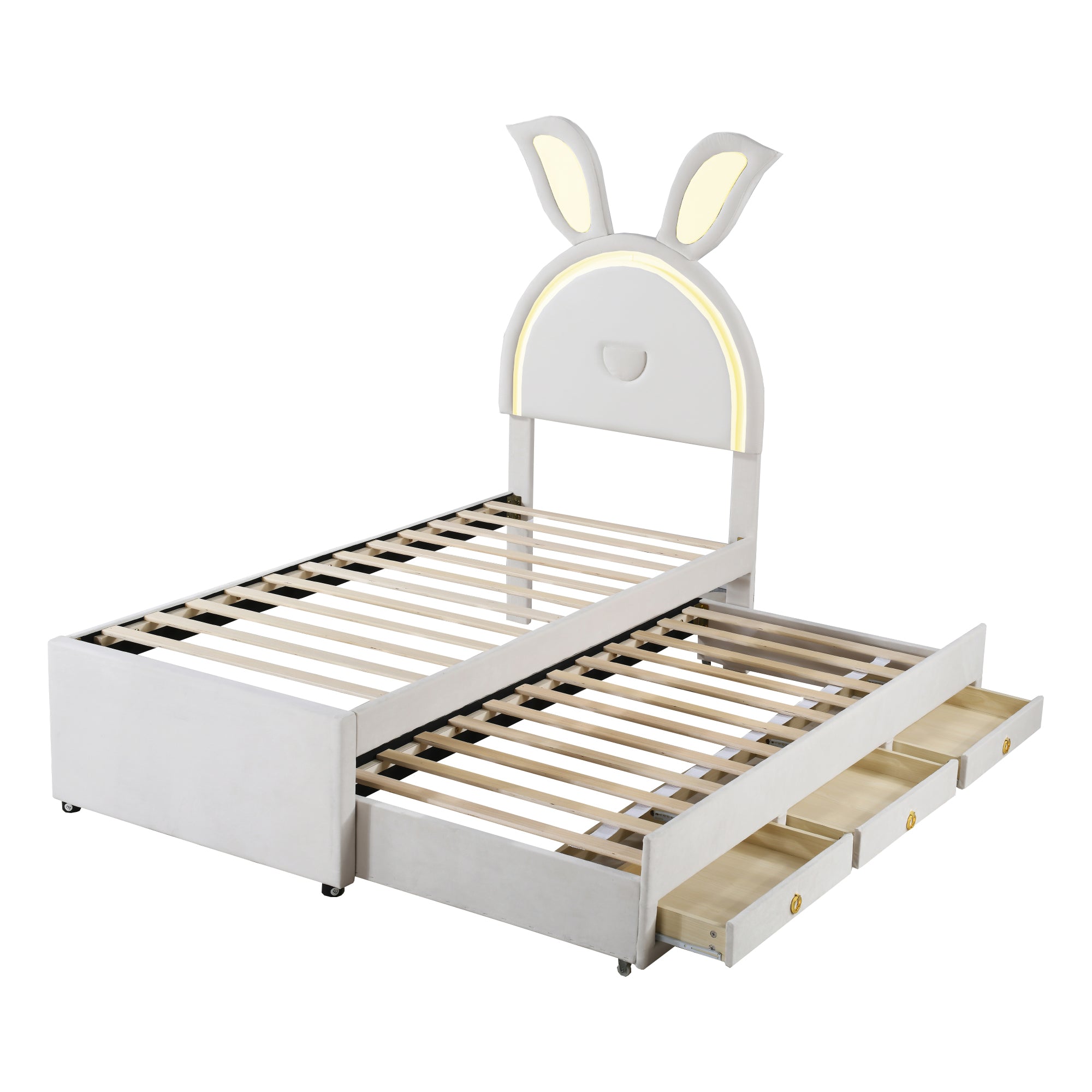 Logidon kinderbed 90x200 beige gestoffeerd bed slaapbank uitschuifbaar bed