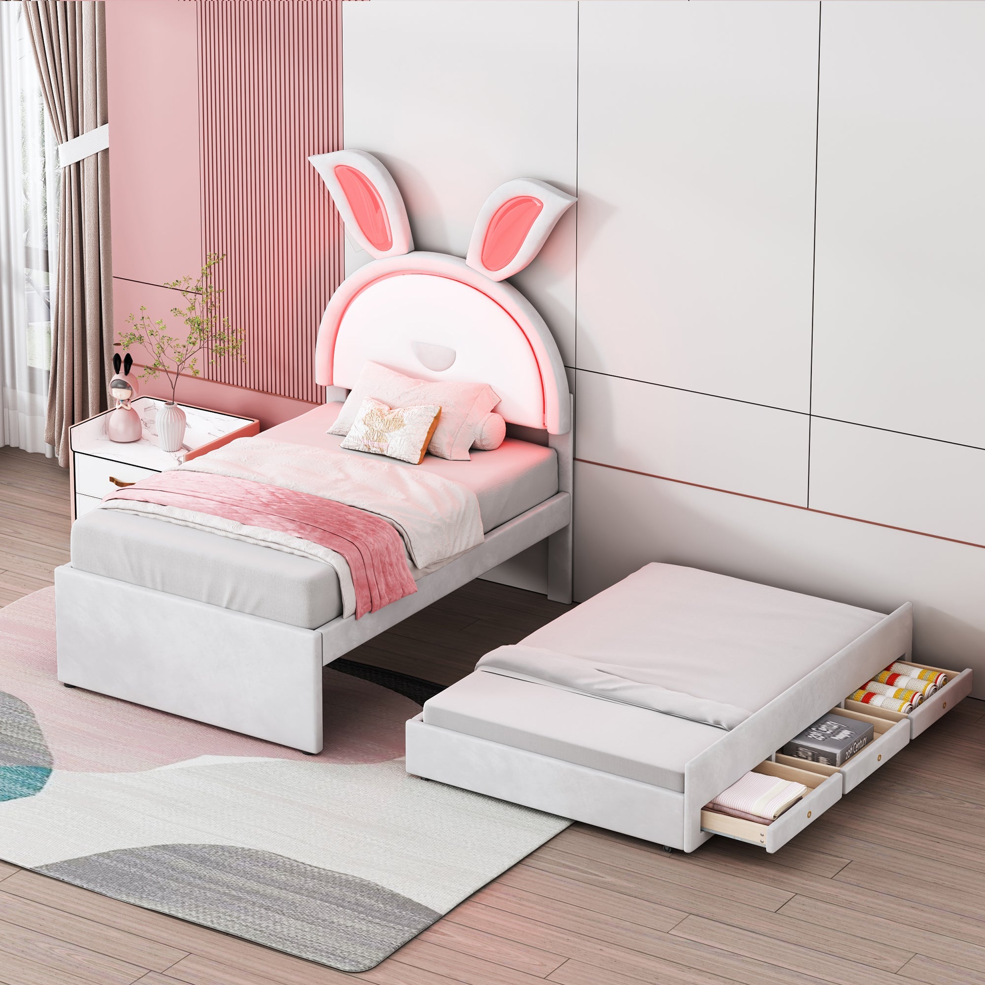 Logidon kinderbed 90x200 beige gestoffeerd bed slaapbank uitschuifbaar bed