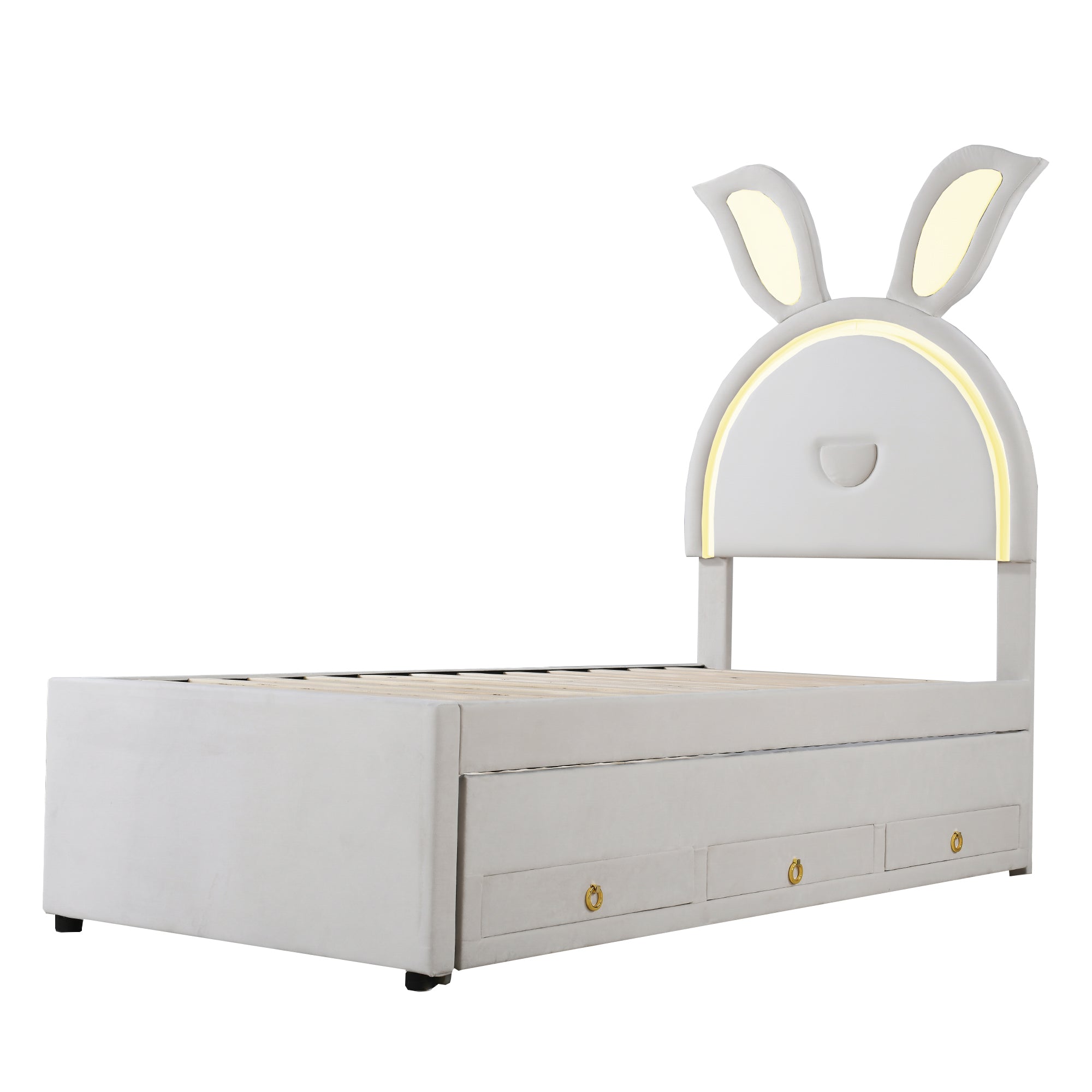 Logidon kinderbed 90x200 beige gestoffeerd bed slaapbank uitschuifbaar bed