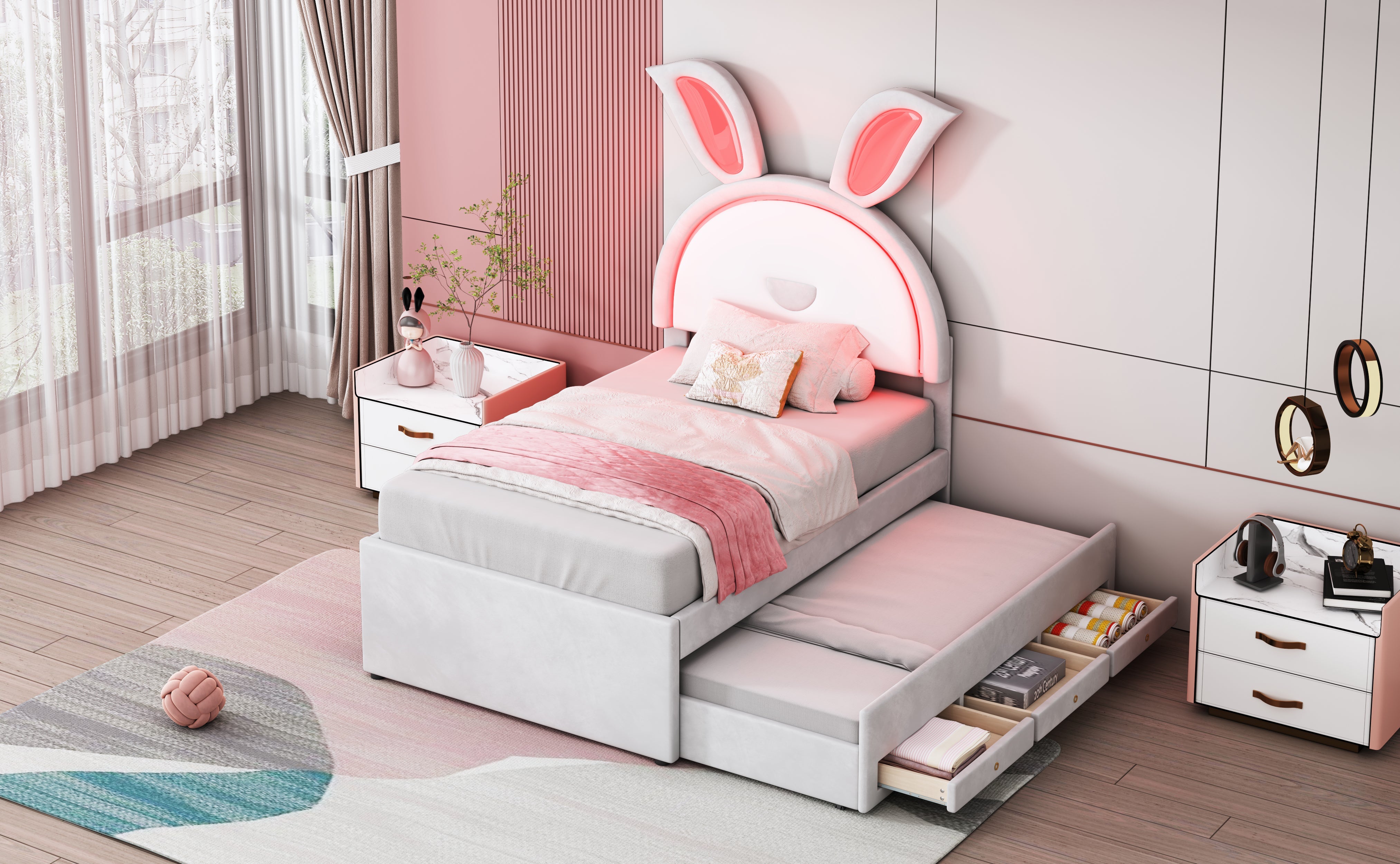 Logidon kinderbed 90x200 beige gestoffeerd bed slaapbank uitschuifbaar bed