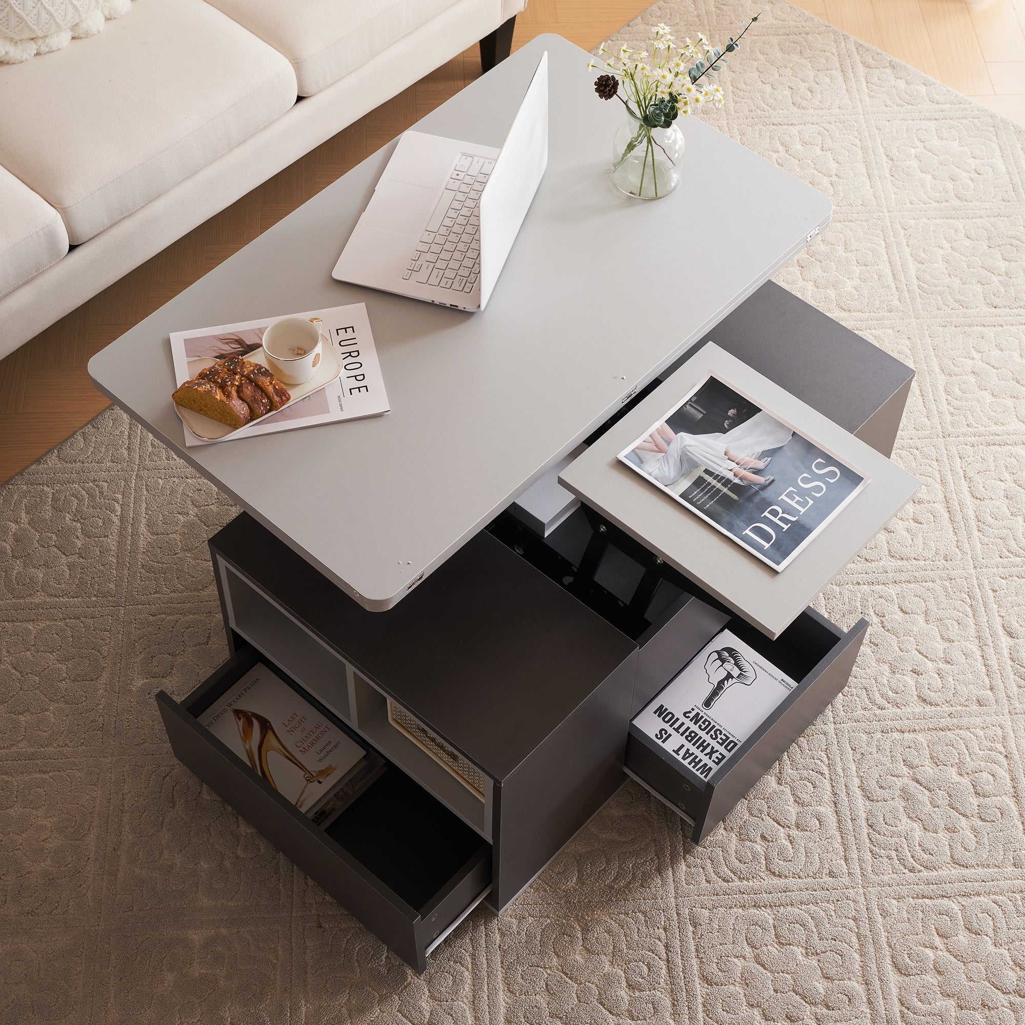 Logidon Hefbare Multifunctionele Salontafel Donkergrijs Met Twee Tafels
