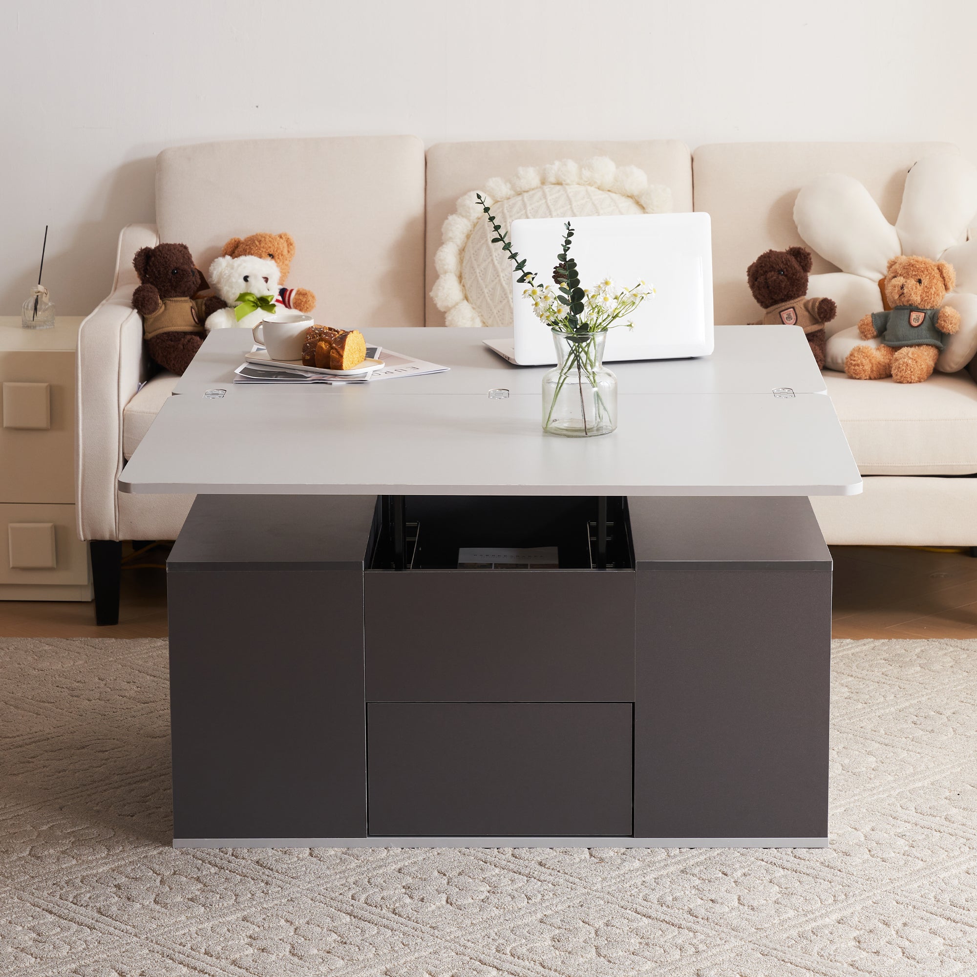 Logidon Hefbare Multifunctionele Salontafel Donkergrijs Met Twee Tafels