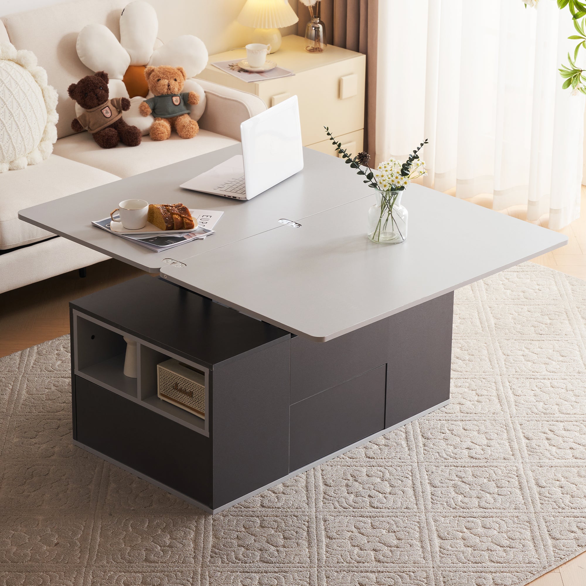 Logidon Hefbare Multifunctionele Salontafel Donkergrijs Met Twee Tafels