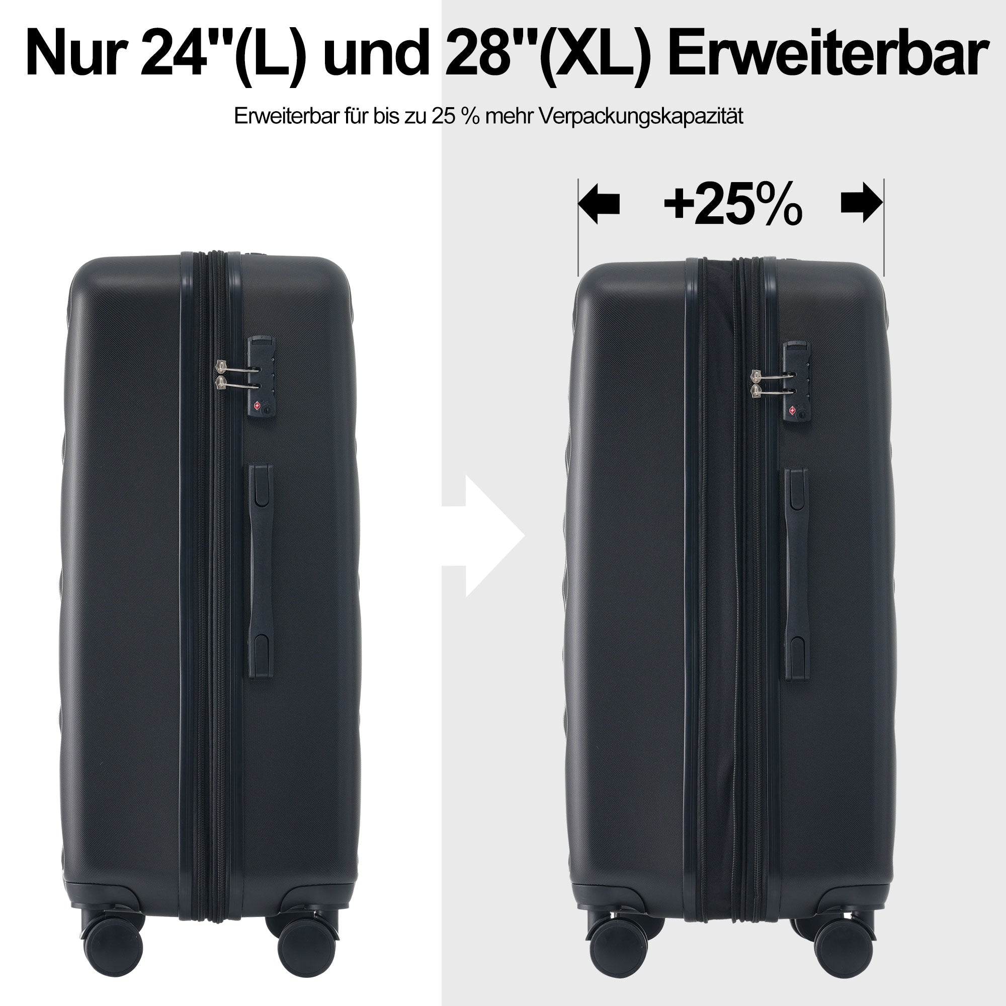 Logidon kofferset M-L-XL harde schaal, ABS, 4 wielen, zwart