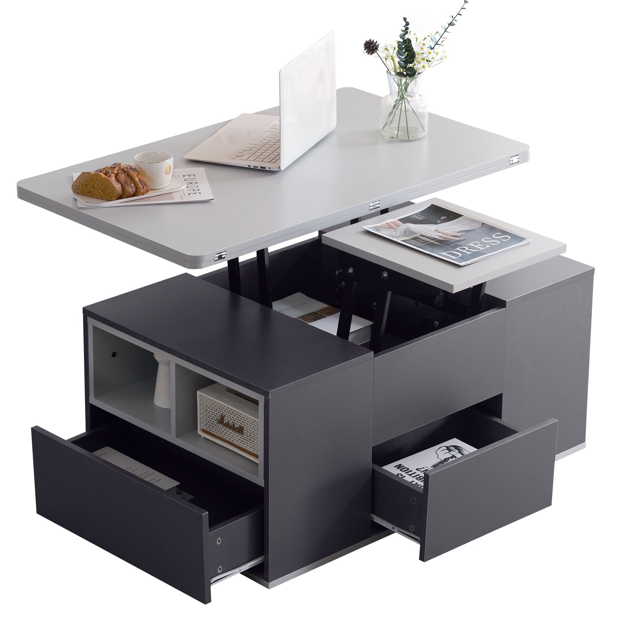 Logidon Hefbare Multifunctionele Salontafel Donkergrijs Met Twee Tafels